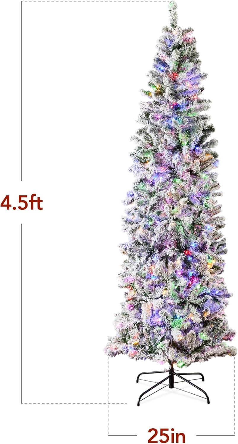 Best Choice Products 4.5ft Prelit Artificial Snow Flocked Pencil Christmas Tree 150 Multicolored/ Warm-White Light Modes