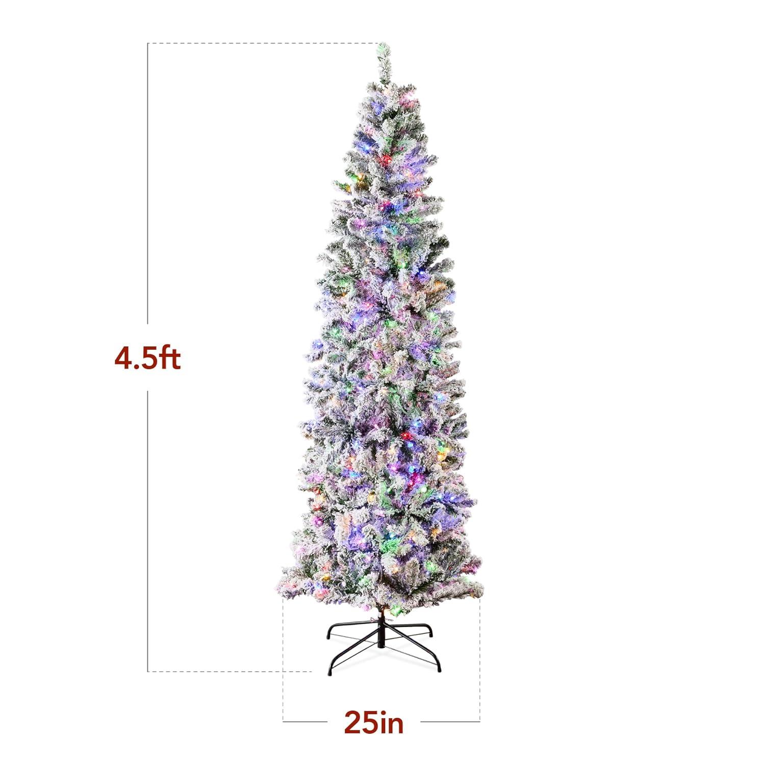Best Choice Products 4.5ft Prelit Artificial Snow Flocked Pencil Christmas Tree 150 Multicolored/ Warm-White Light Modes