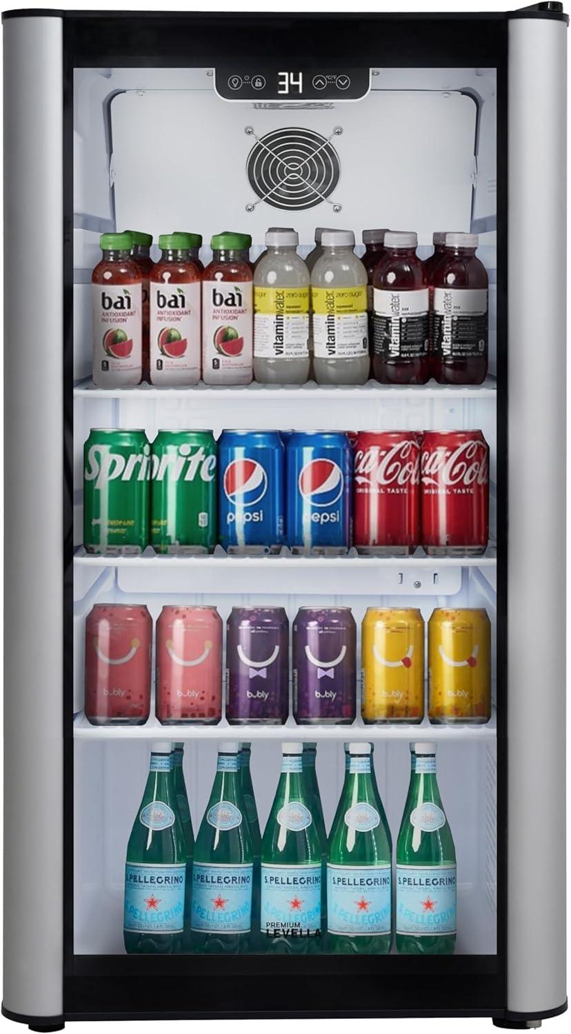 Premium Levella PRF36DX Glass Door Display Refrigerator 3.1 cu ft Commercial Beverage Cooler Merchandiser - Silver