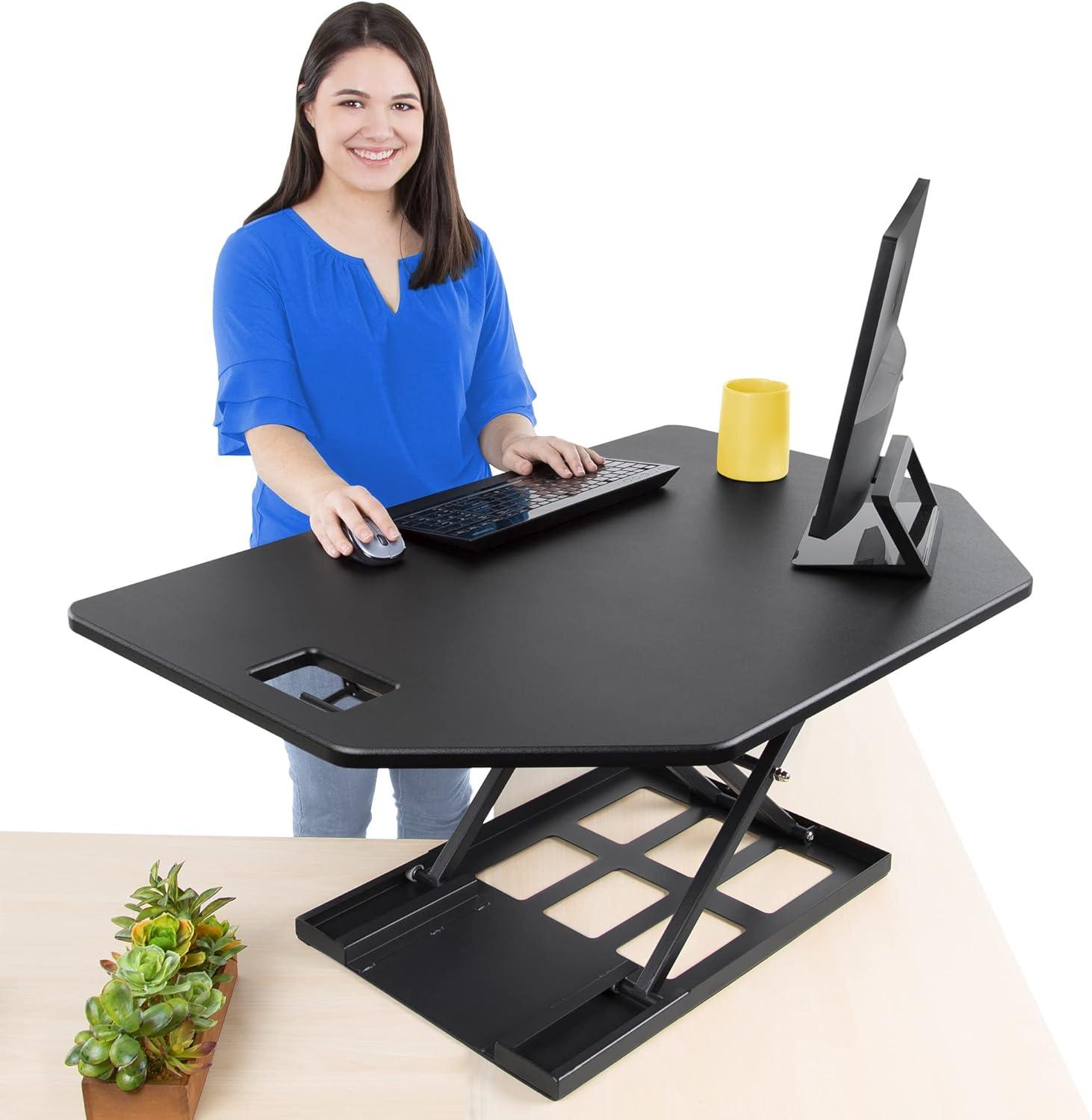 Black Steel 42" Standing Desk Converter with Pneumatic Lift