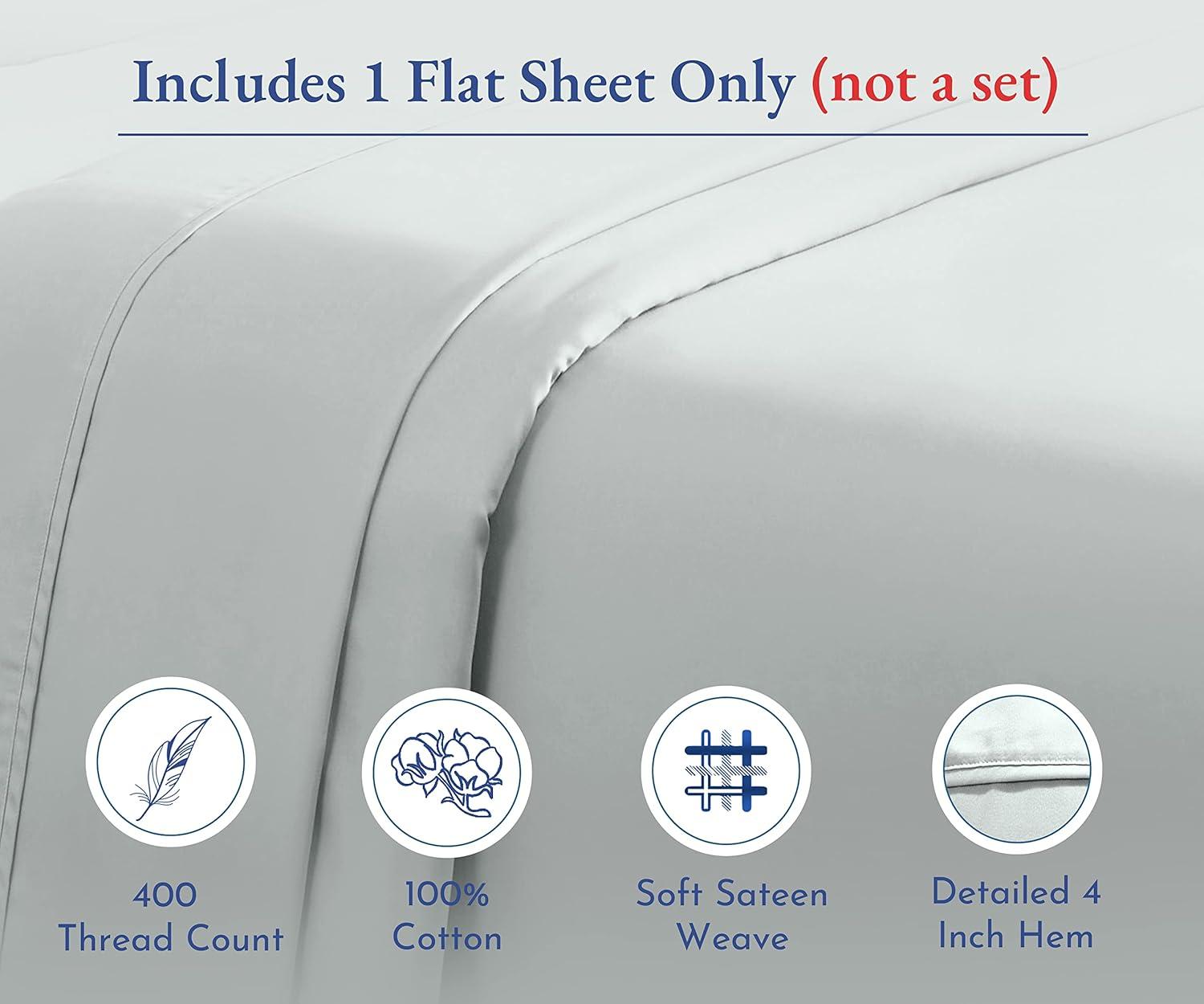Flat Sheet Only, 400 Thread Count 100% Cotton Sateen, Soft & Durable by California Design Den - Light Gray, King