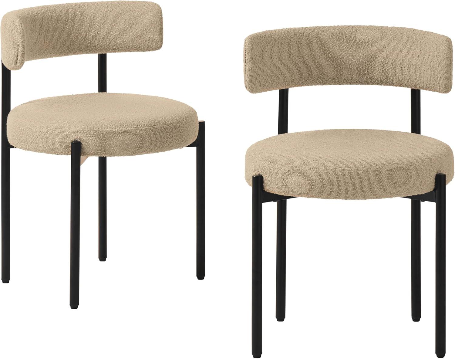 Set of 4 Beige Upholstered Dining Chairs with Black Metal Legs