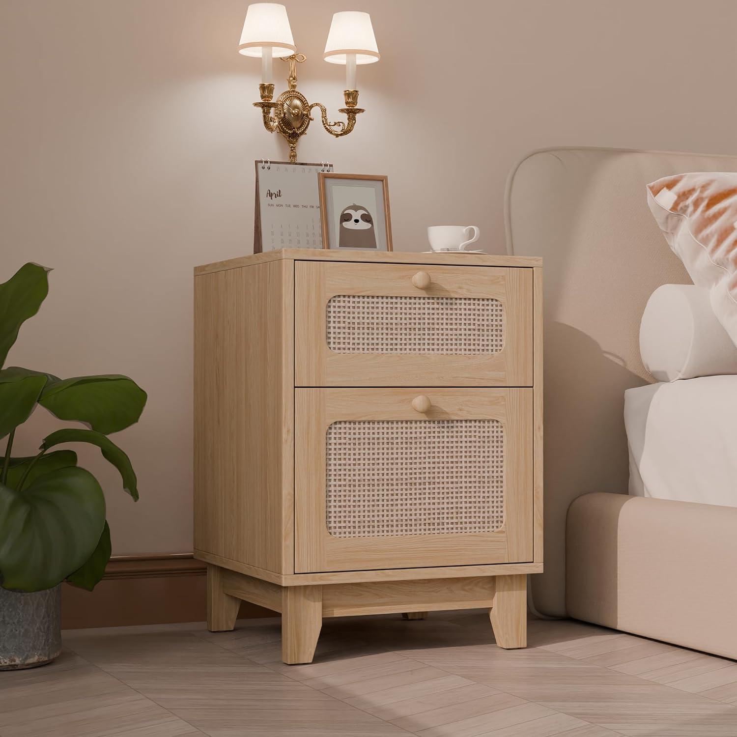 Tolead Rattan Mid-Century Modern Nightstand Set with Handmade Rattan Decorated Drawer and Door, Bedroom, Living Room, Natural