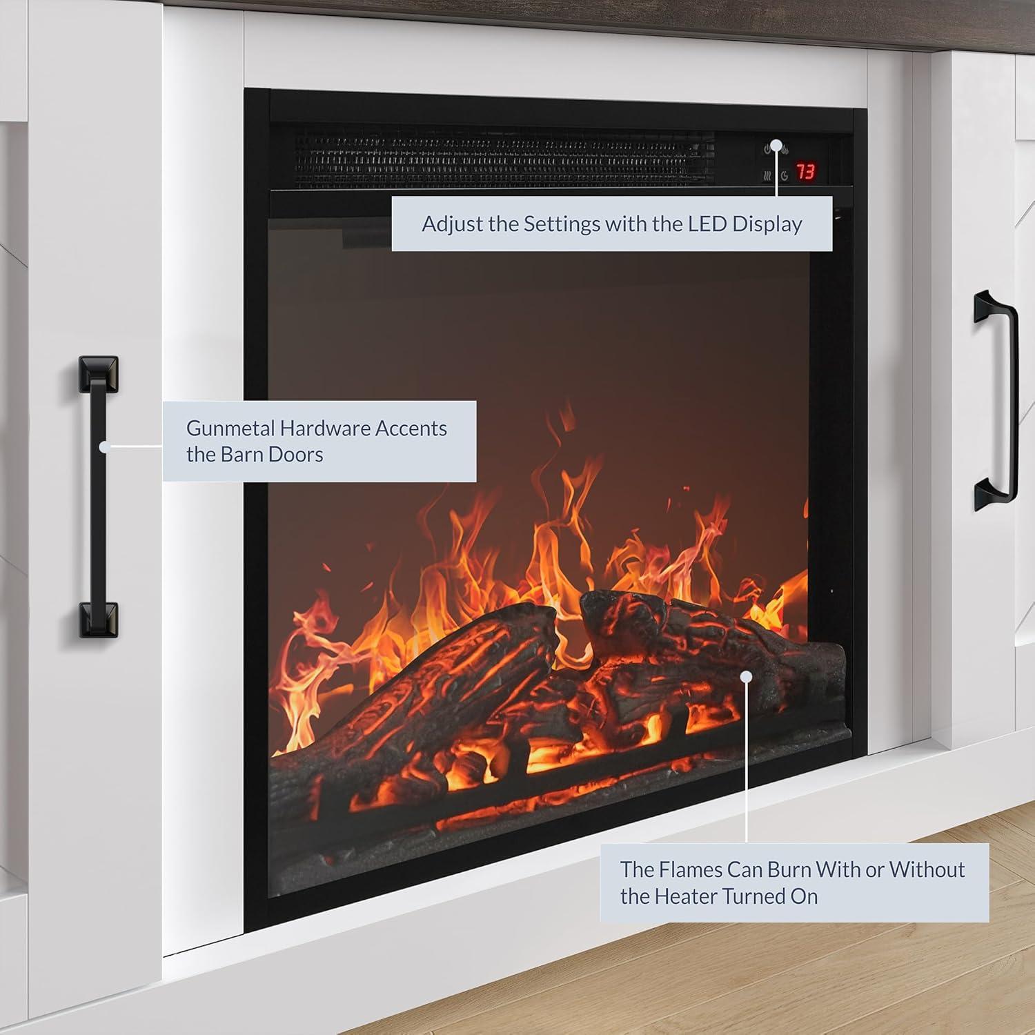 BELLEZE Modern 58 Inch Farmhouse TV Stand with 18 Inch Electric Fireplace & Media Entertainment Center Console Table for TV up to 65 Inch with Storage Cabinets and Infrared Heater - Hilo (White)