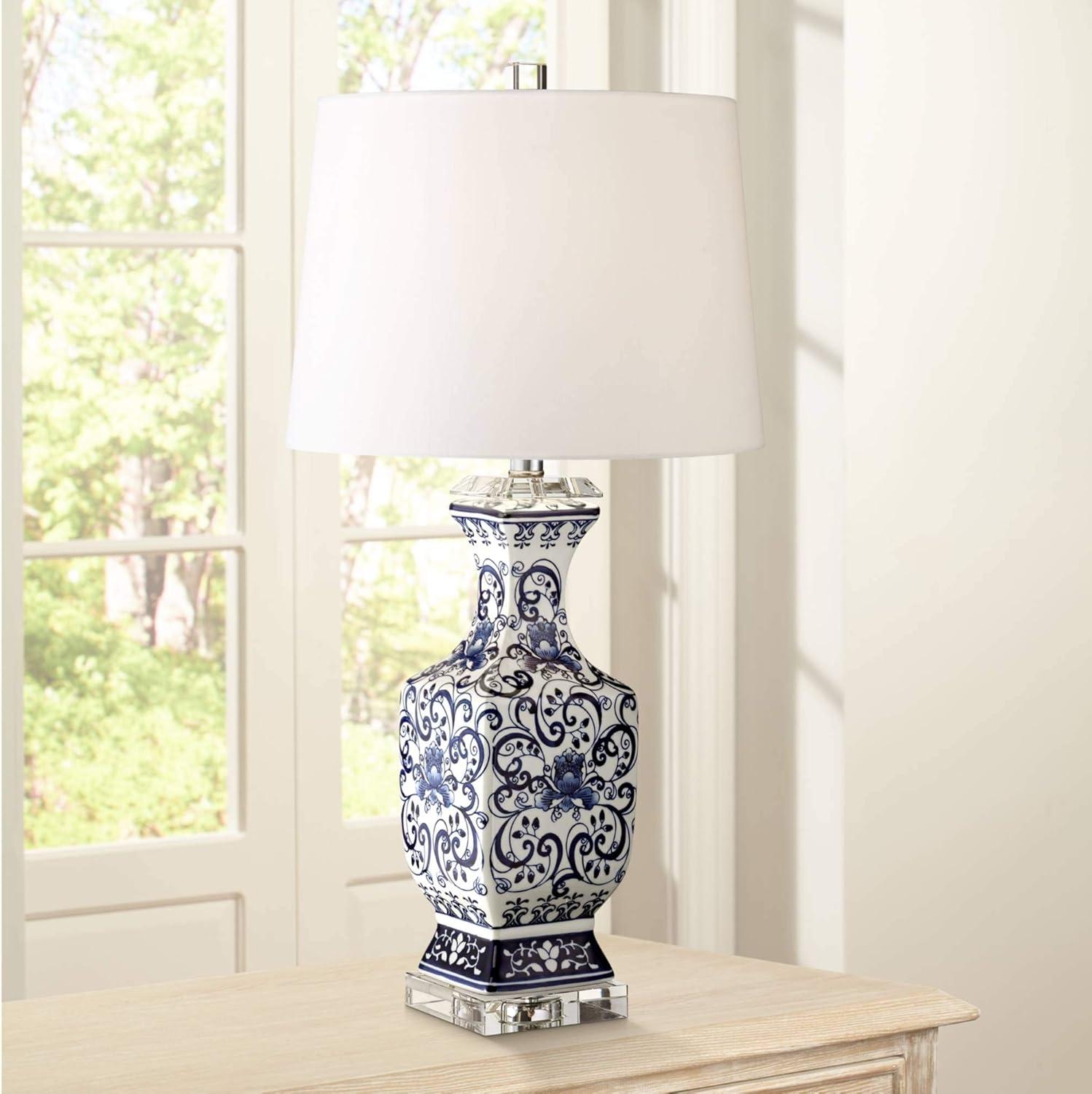 Barnes and Ivy Table Lamps 28" Tall Set of 2 Porcelain Blue Floral Jar Geneva White Drum Shade for Living Room Family Bedroom Bedside