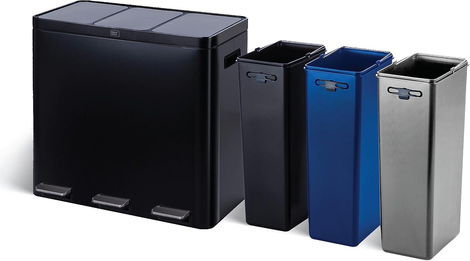 Black Stainless Steel 15.8 Gal. Step-On Kitchen Trash Can with Three Compartments