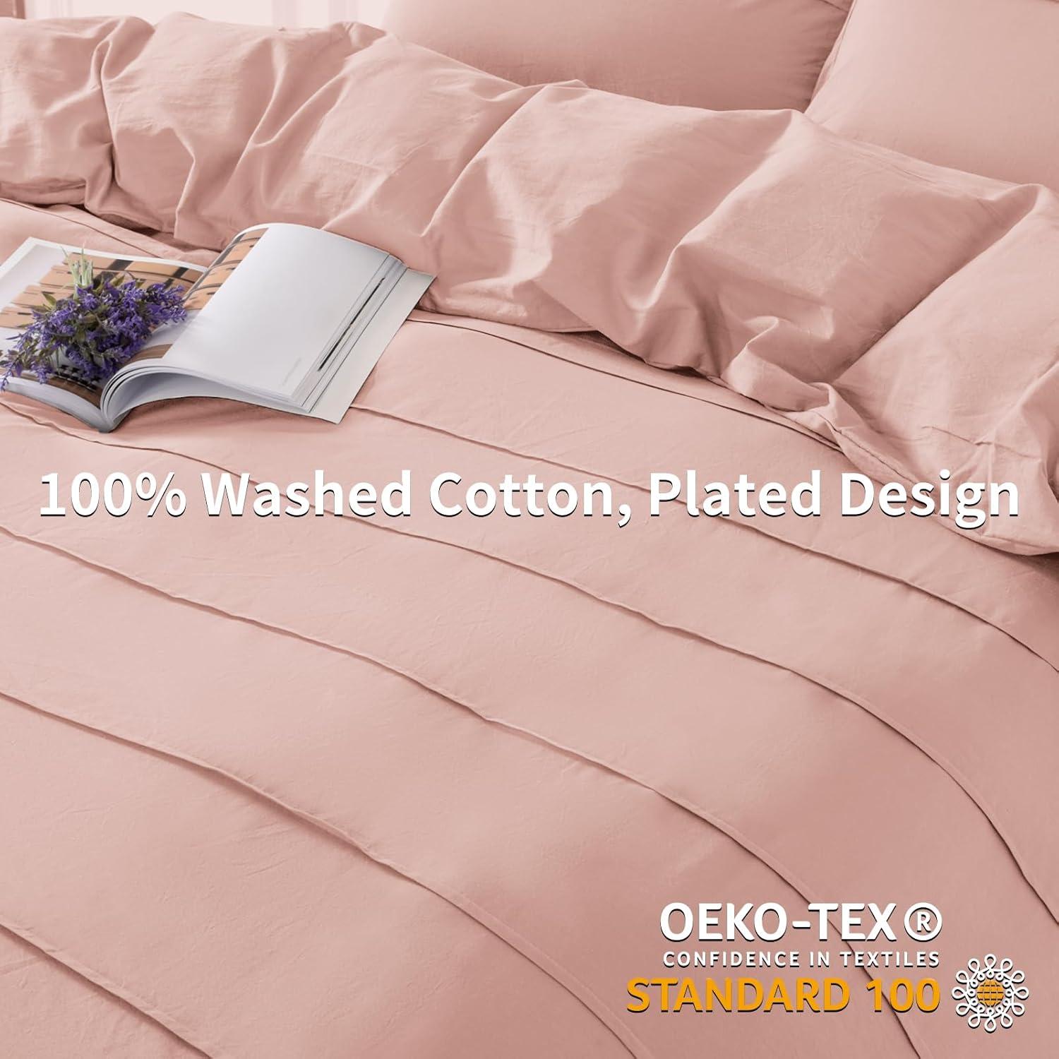 NEXHOME PRO Duvet Cover Set 100% Washed Cotton Oversized Queen 98"x98", Organic Natural Linen Look Textured 3 Pieces Bedding Set Apricot Yellow with Zipper Closure, Breathable, Soft (No Comforter)