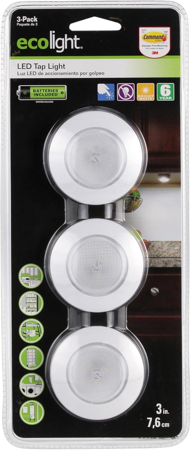 Battery-Operated White LED Tap Puck Lights 3-Pack