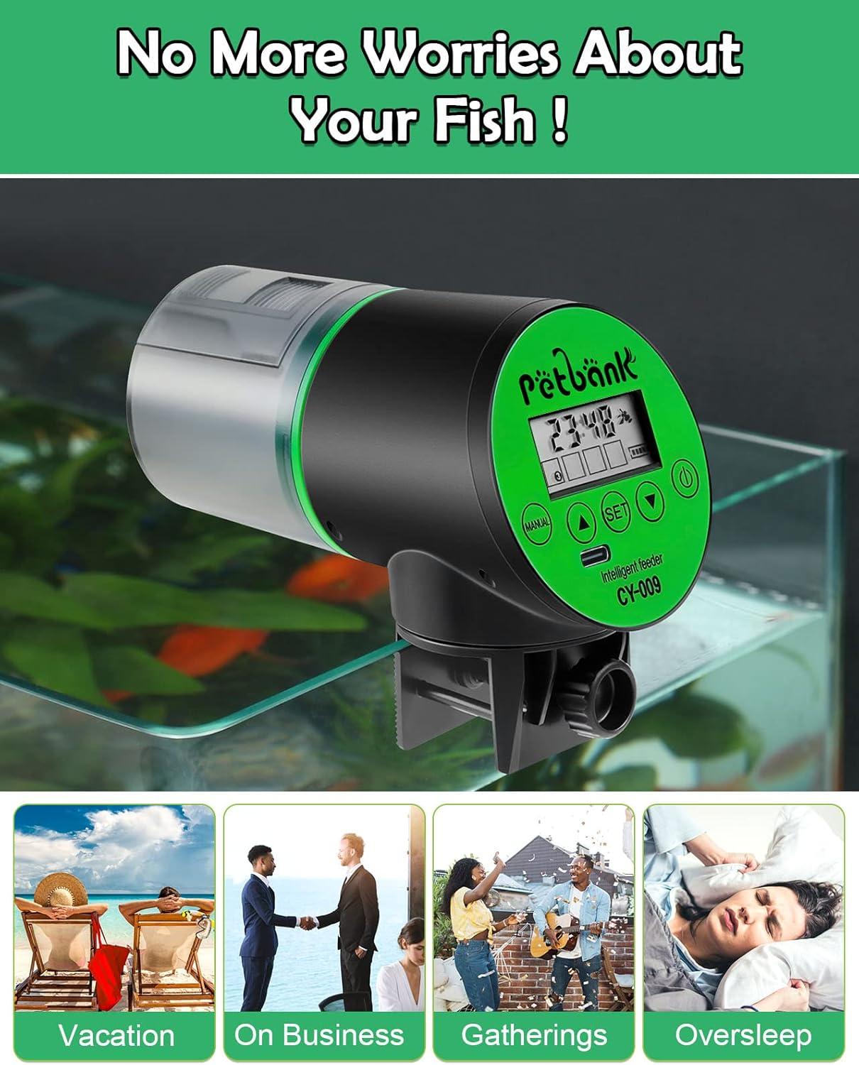 Petbank Automatic Fish Feeder for Aquarium, Auto Fish Food Dispenser with Timer, USB Charging, Green