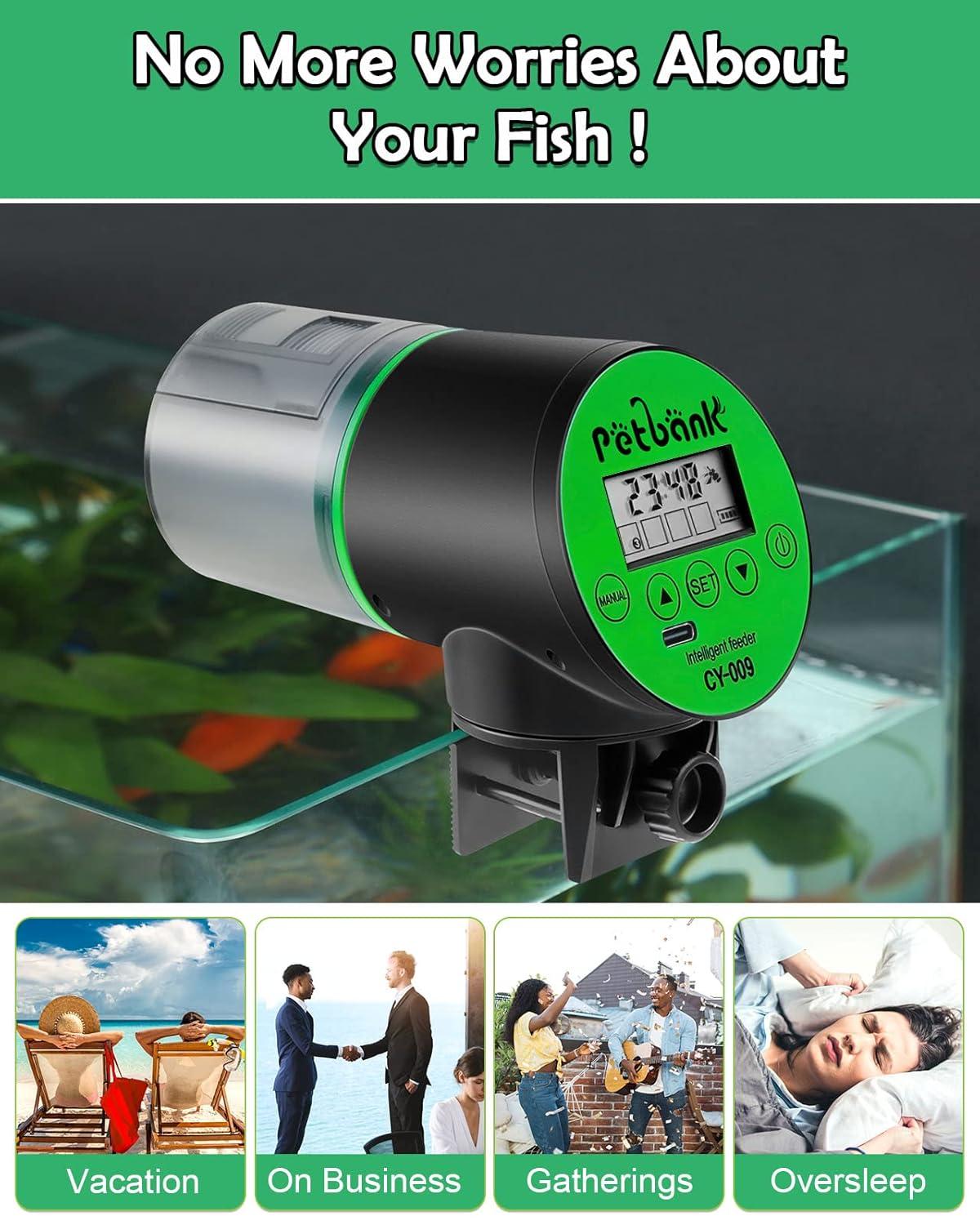 Petbank Automatic Fish Feeder for Aquarium, Auto Fish Food Dispenser with Timer, USB Charging, Green