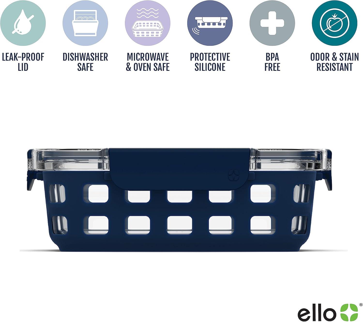 Ello Duraglass BLUE Glass Food Container - Silicone Protection, 10PC Set
