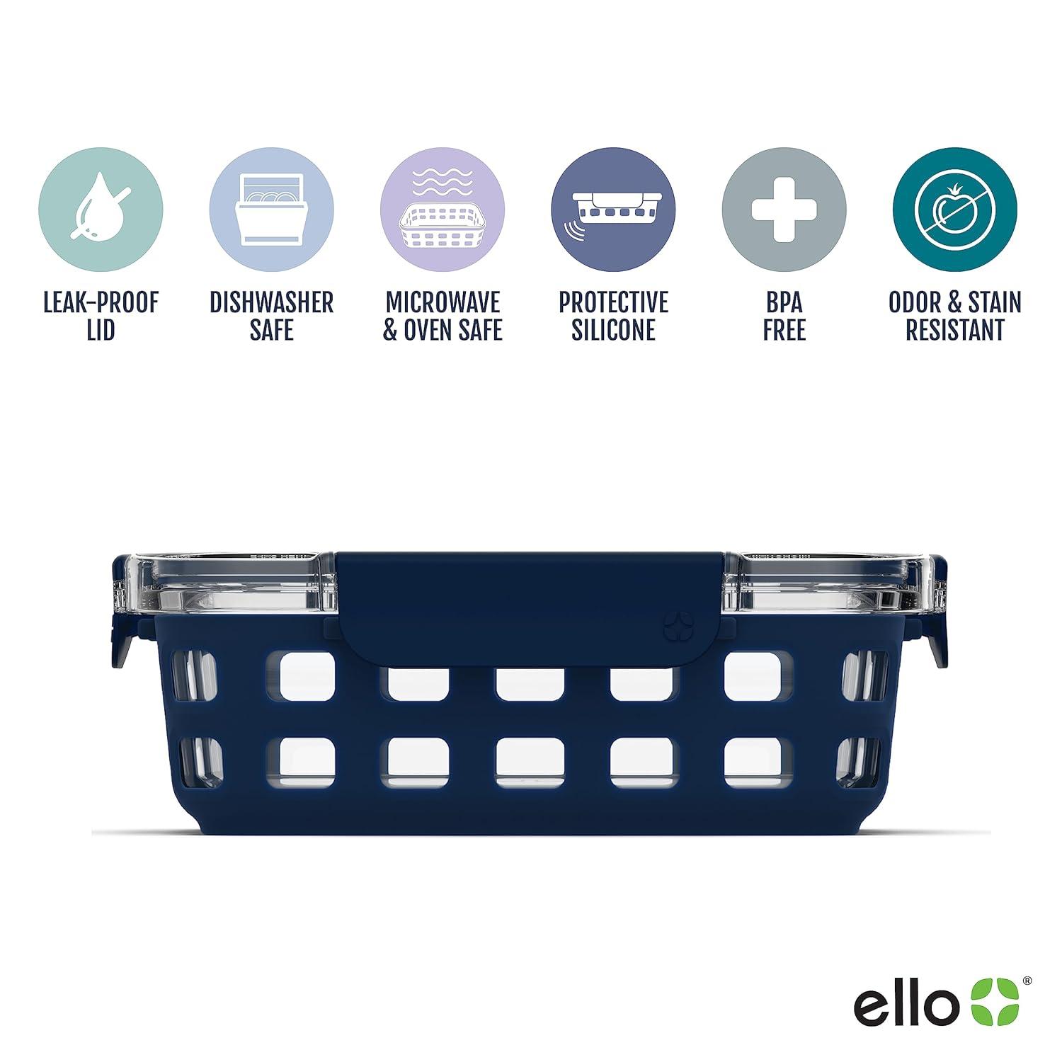 Ello Duraglass BLUE Glass Food Container - Silicone Protection, 10PC Set