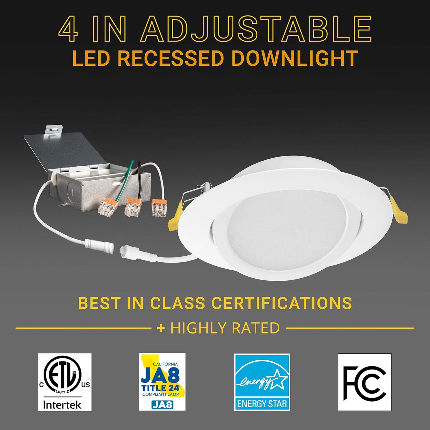 Adjustable Downlight 4'' Selectable Color Temperature Dimmable Air-Tight IC Rated LED Canless Recessed Lighting Kit