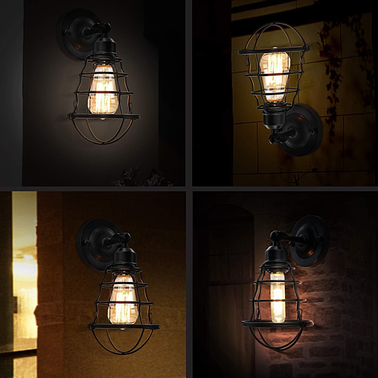 Black Industrial Wire Cage Plug-In Wall Sconces Set