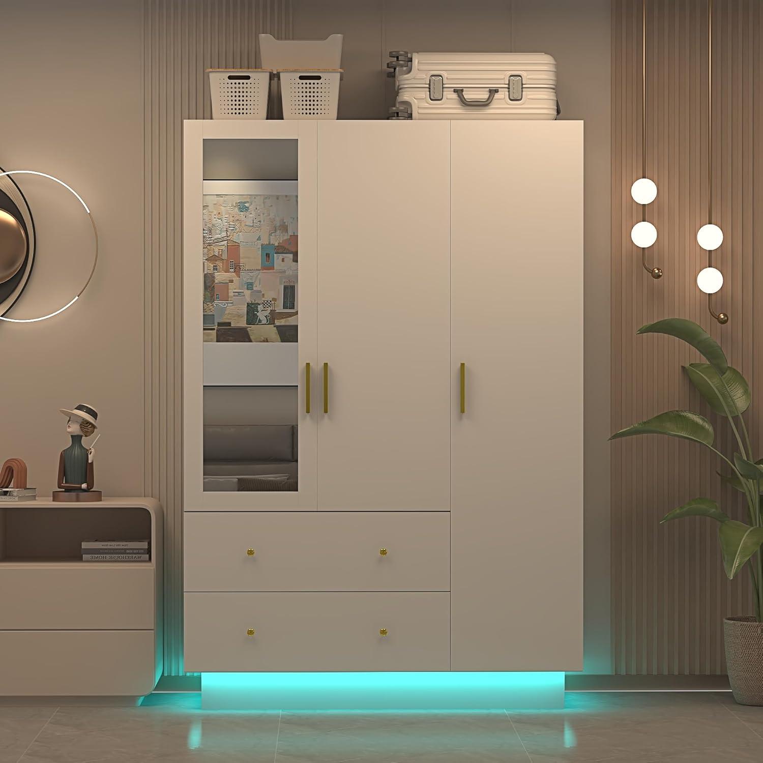 Armoire Wardrobe Closet With Mirror & Led Light, 4 Door Wooden Storage Cabinet With Drawers, Spacious Armoire With Hanging Rod & Adjustable Shelves