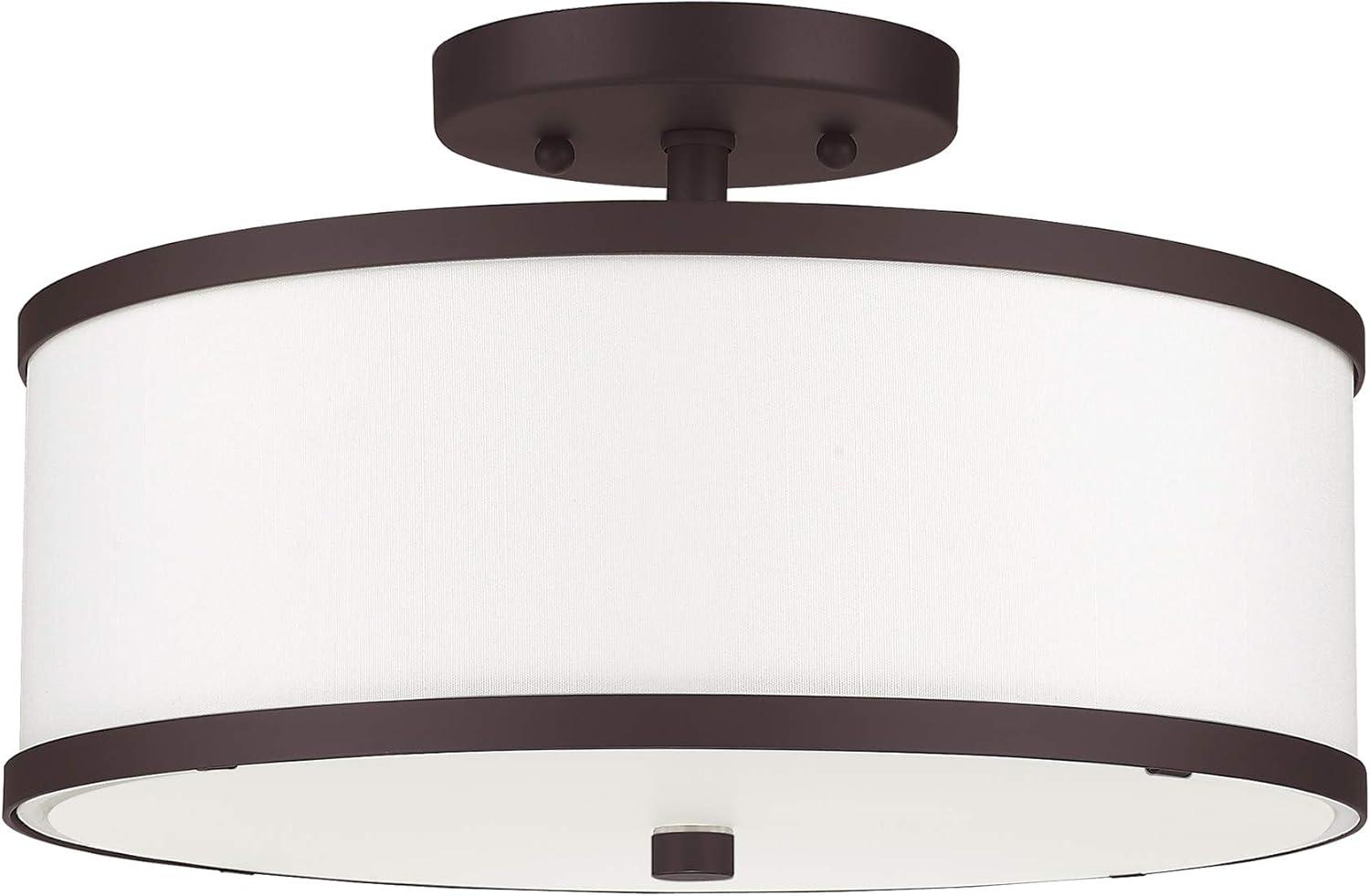 Bronze 2-Light Drum Ceiling Mount with Off-White Fabric Shade