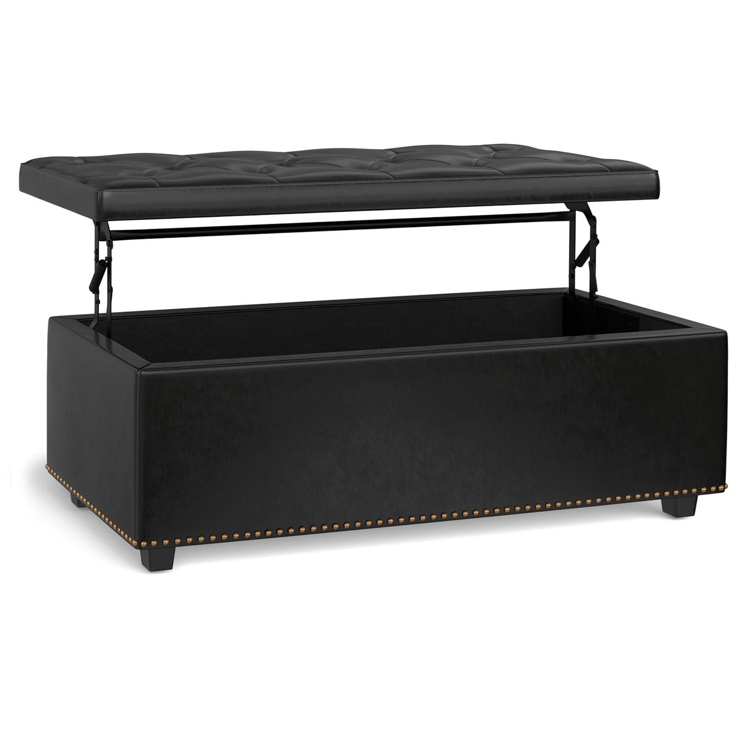 Simpli Home Hamilton 44"W Upholstered Lift-Top Storage Ottoman with Nailhead Trim and Tufted Detailing