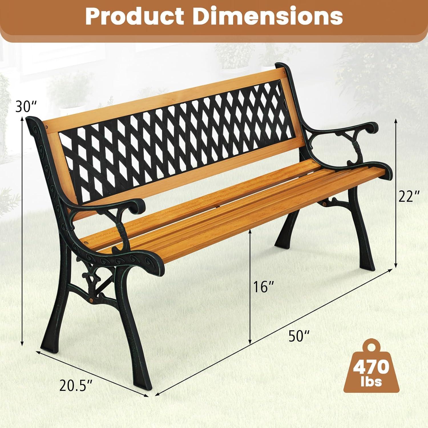 Natural Hardwood and Black Cast Iron Outdoor Garden Bench