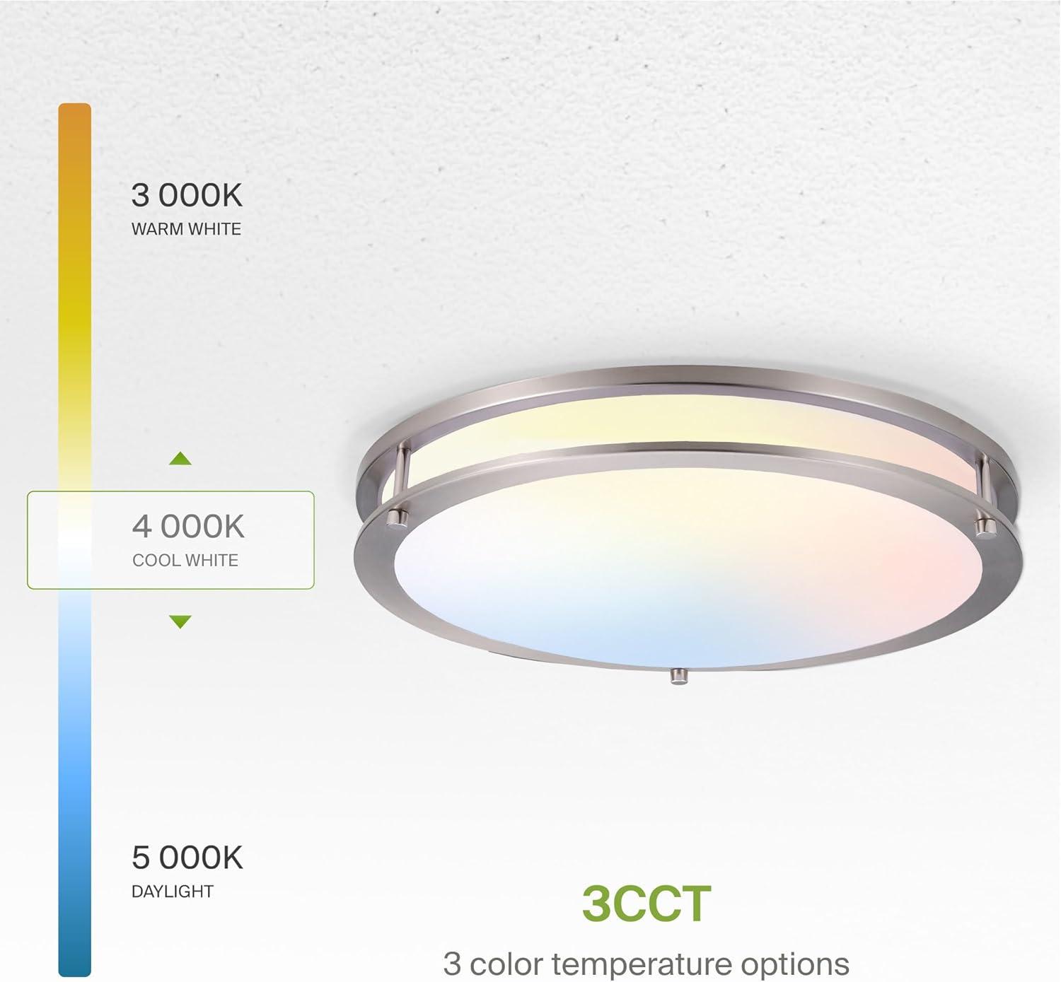 ASD LED 18 Inch Round Flush Mount Light Fixture | 28W 2250LM 3000K-5000K 120V | 3CCT, Dimmable, Energy Star, ETL Listed | Close To Ceiling Double Ring Lamp, Low Profile Lighting | Nickel