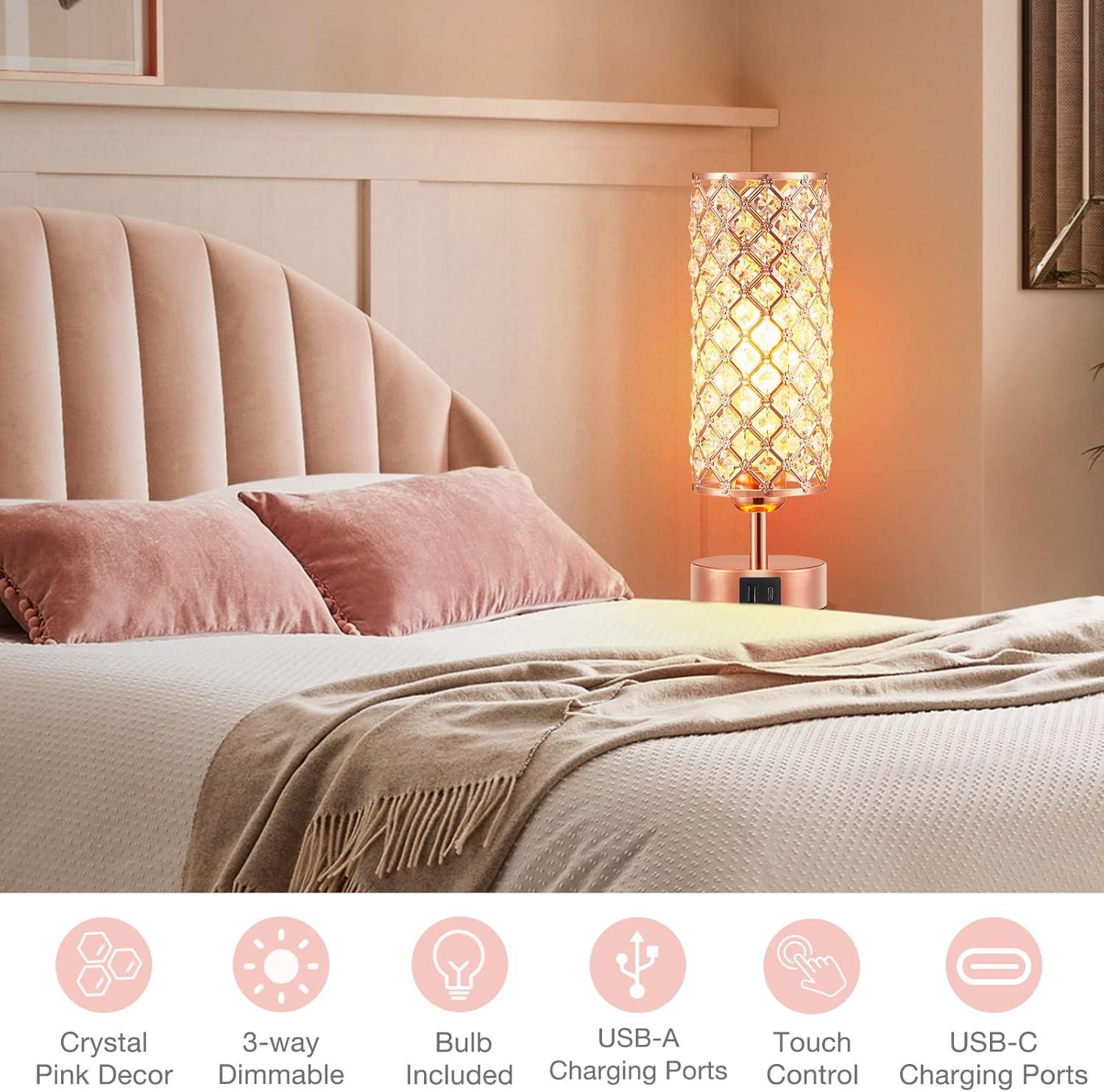 Rose Gold Crystal Touch Table Lamp with USB Ports