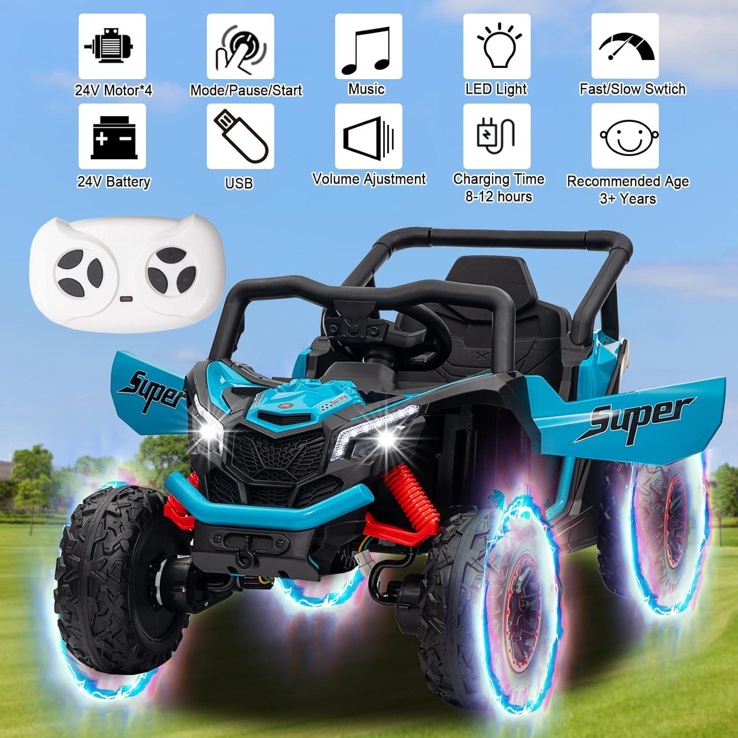 iYofe 24V Ride on Toys for Kids, Large Seat Ride on UTV Cars with Remote Control, Battery Powered Kids Car Electric Vehicle with 3 Speed, Bluetooth Music, 4 Wheels Spring Suspension, Blue