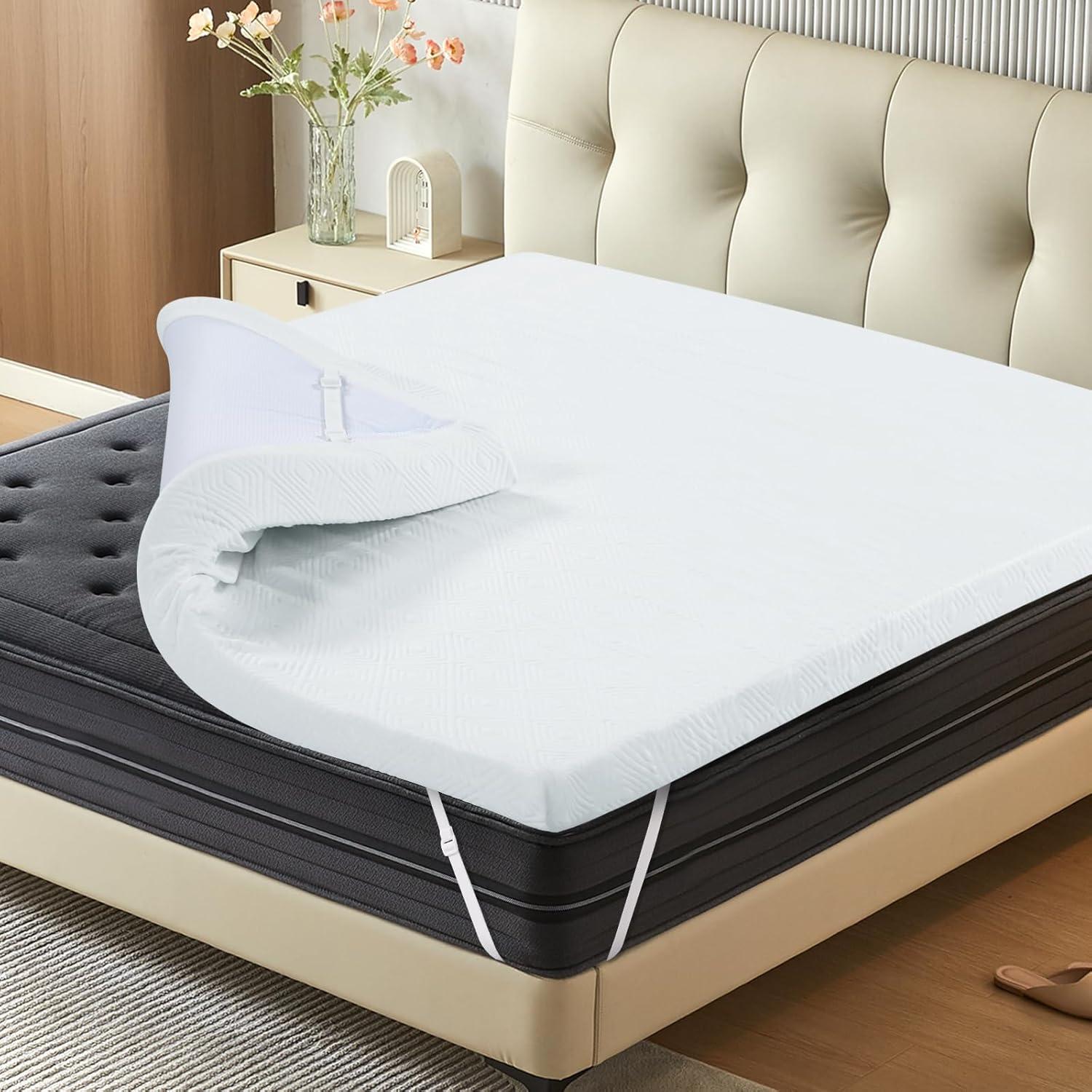 3 Inch Queen Memory Foam Mattress Topper, Bamboo Fiber Washable Cover, Gel Mattress Topper Pressure Relief Bed Topper, Adjustable Corner Straps, CertiPUR-US Certified