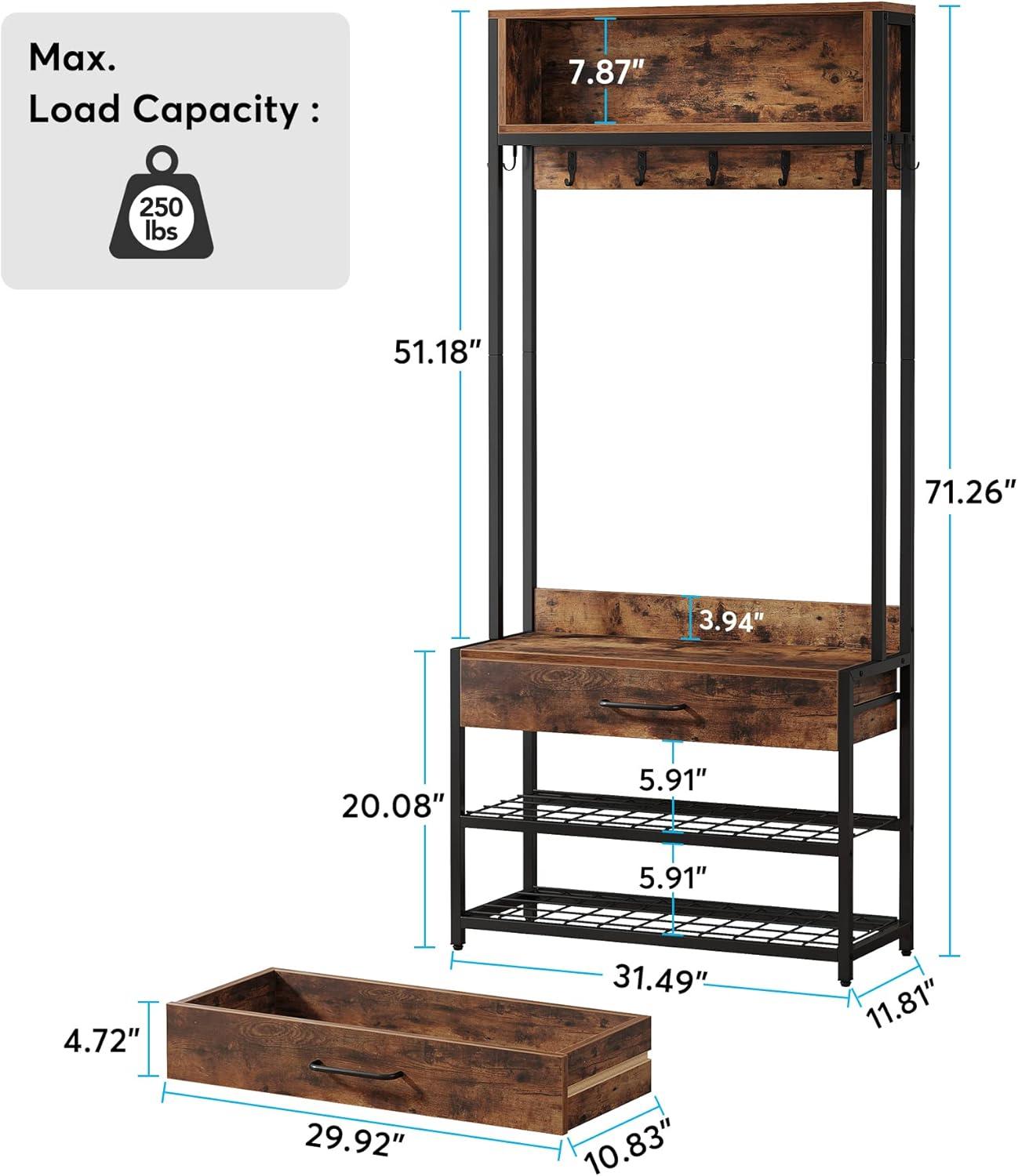 Tribesigns 3-in-1 Entryway Hall Tree with Drawer, Vintage Industrial Coat Rack with Shoe Storage Rack and Hutch for Living Room Bedroom