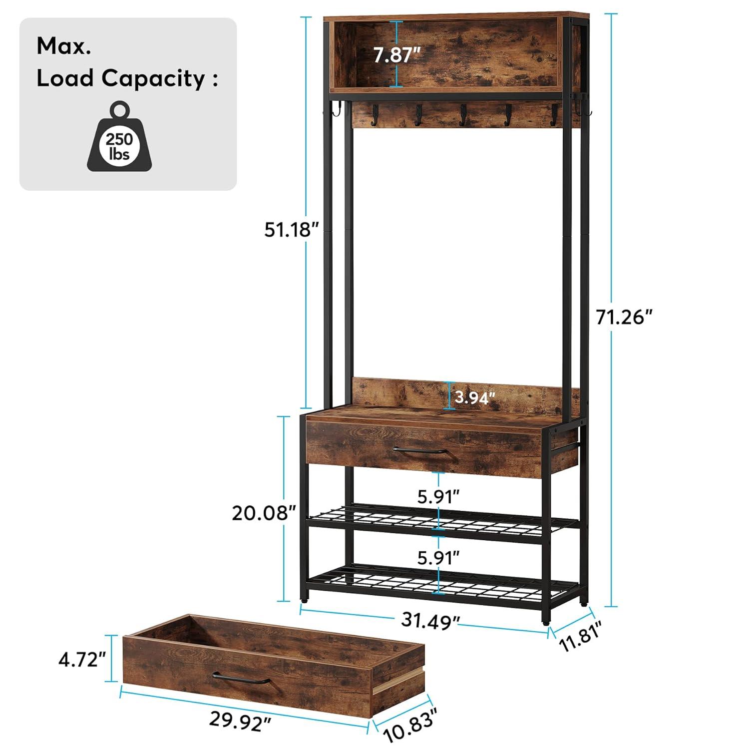 Tribesigns 3-in-1 Entryway Hall Tree with Drawer, Vintage Industrial Coat Rack with Shoe Storage Rack and Hutch for Living Room Bedroom