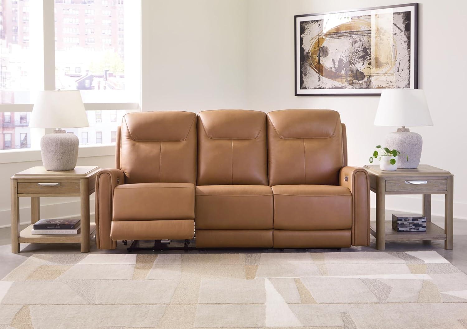 Brown Faux Leather Power Reclining Sofa with Adjustable Headrest