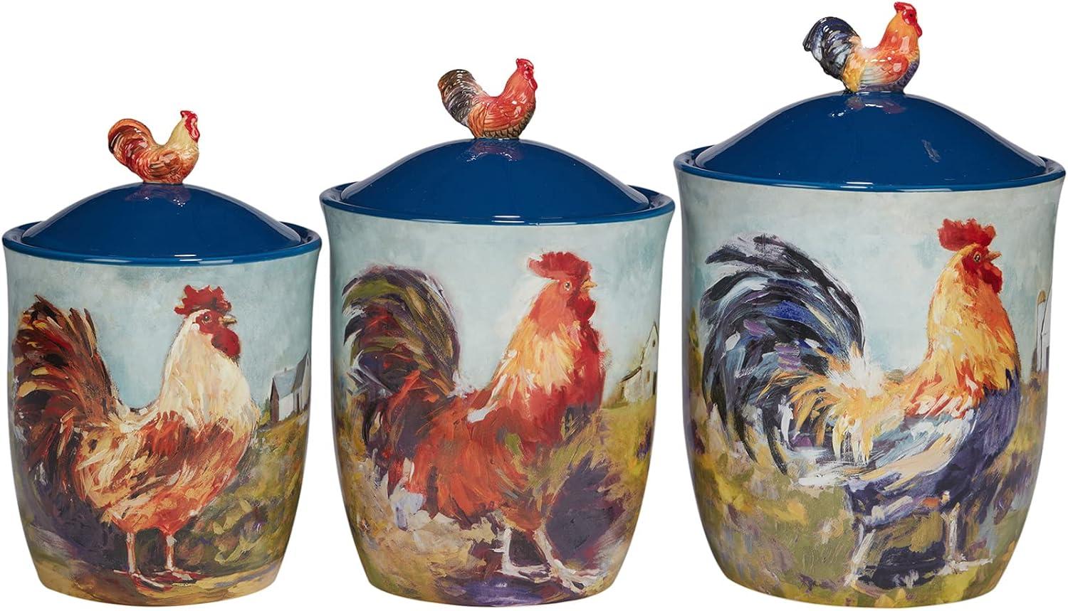 Blue Ceramic Rooster Meadow 3-Piece Canister Set