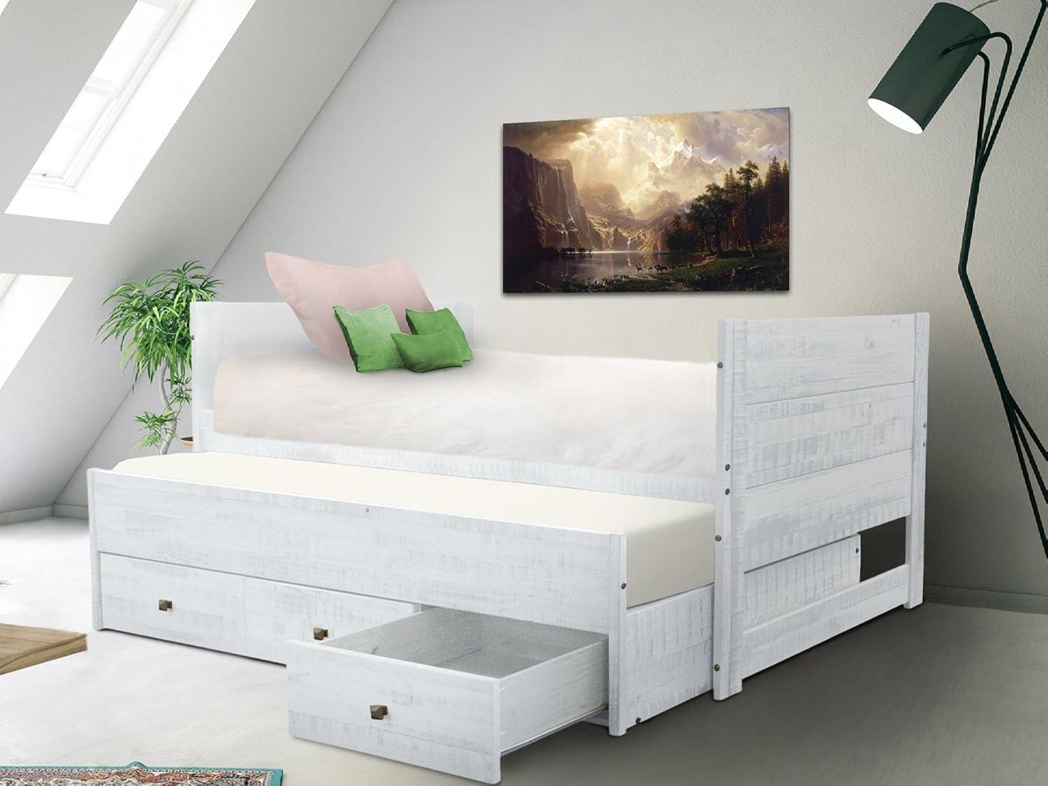 Rustic White Twin Wood Frame Bed with Trundle and Storage Drawers