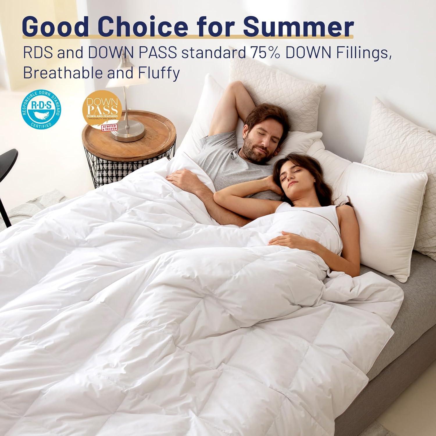 SNOWMAN Extra-Soft Down Blanket Queen, Lightweight Down Comforter with 8 Corner Tabs, Cooling Bed Comforter for Hot Sleepers, 18oz Fill Weight and Noiseless Down Proof Fabric (White, 90"x90")