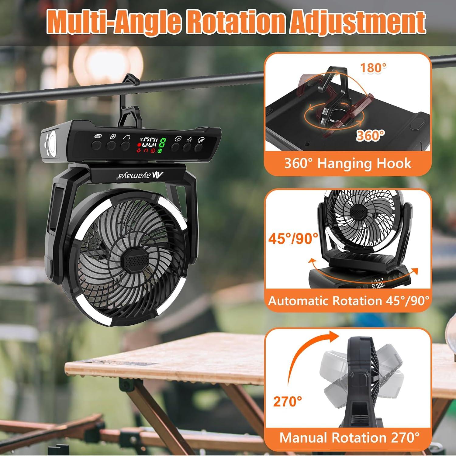 ayamaya Camping Fan, 20000mAh Rechargeable Tent Fan with Light, Remote, 9 Speeds Battery Powered Fans with Digital Display, Timer, Auto Oscillation & Hook for Camping, Outdoors