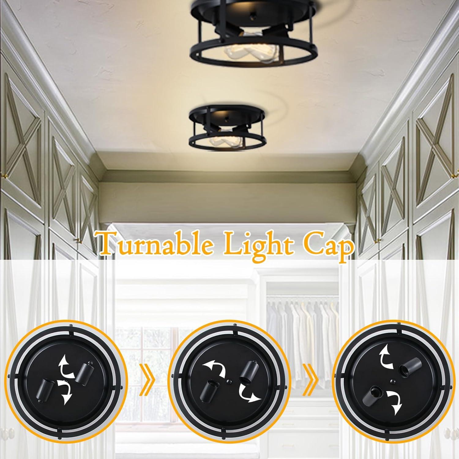 2 Pack Black Farmhouse Flush Mount Ceiling Light,2-Light Rustic Hallway Lighting Fixtures,Industrial Light Fixtures Ceiling Mount for Kitchen Hall Entry Bedroom Closet