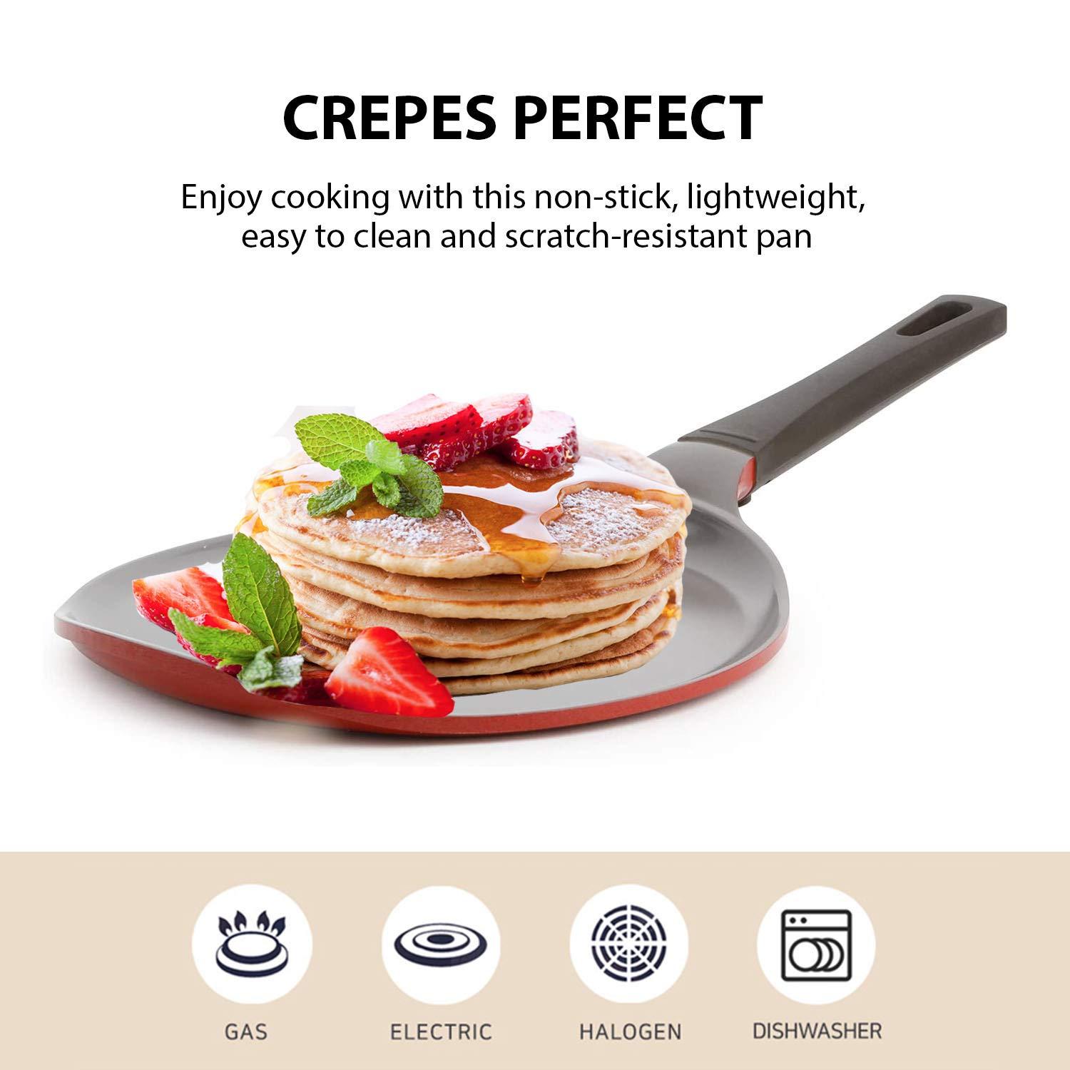 Crepe pan, Zhongpeng, Ceramic, Nonstick pan, 10 inch, Bakelite Handle, Tawa pan, Griddle, Pancake Maker, Skillet, Omelette, Tortilla, Roti, Naan, Dosa, Lightweight, PFOA , Red