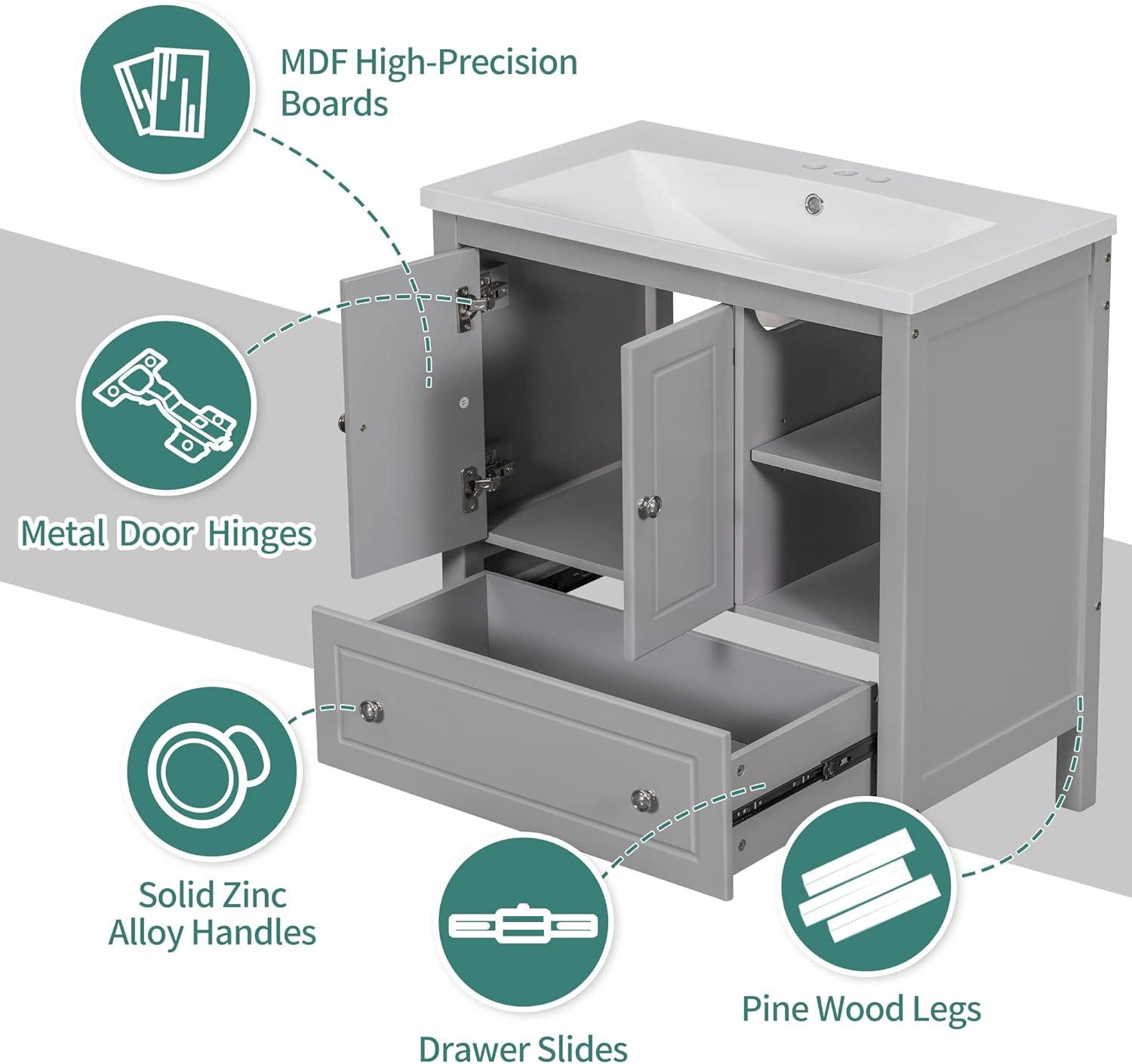 30" Bathroom Vanity with Sink, Bathroom Storage Cabinet with Doors and Drawers, Solid Wood Frame, Ceramic Sink, Grey (OLD SKU: JL000002AAG)