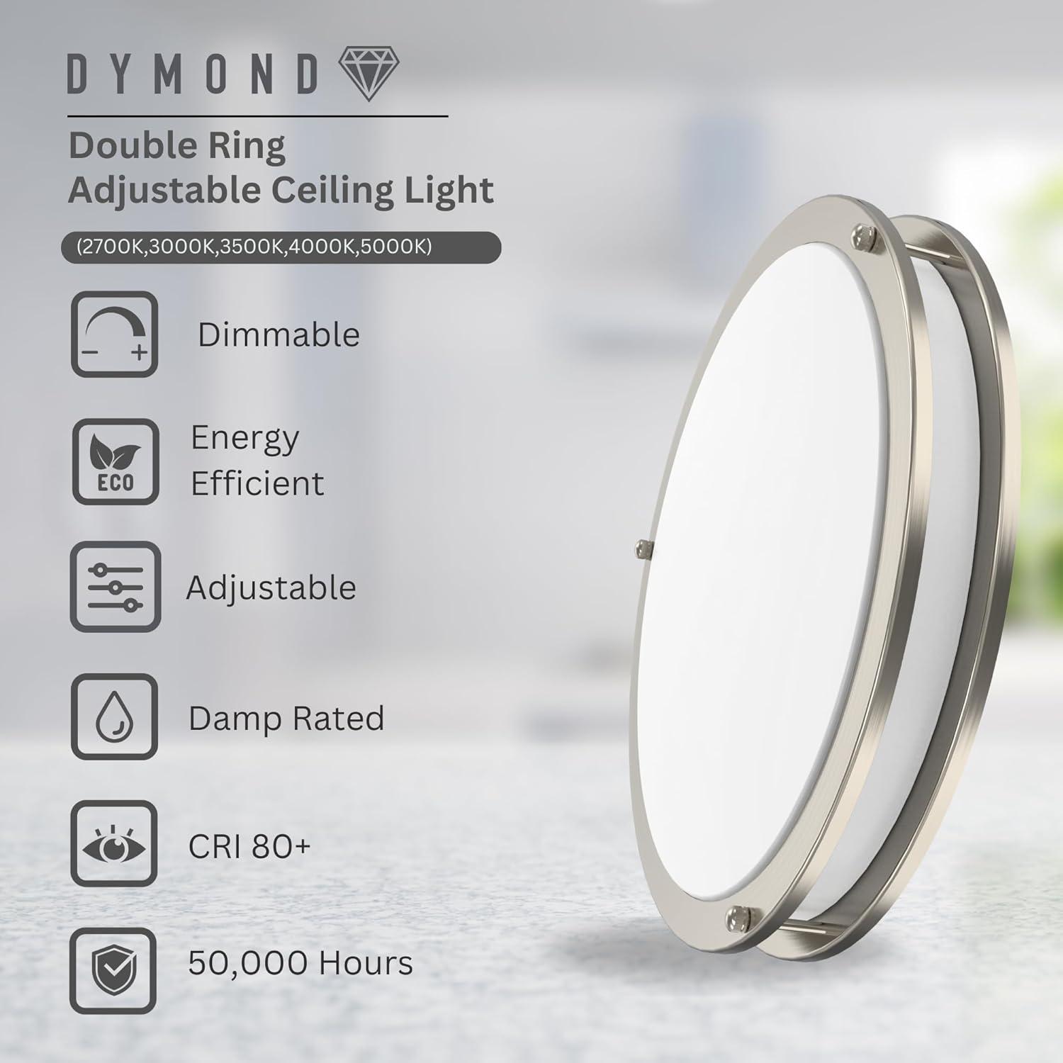 DYMOND 10" LED Ceiling Light Flush Mount Adjustable Color Temperature Dimmable Brushed Nickel Double Ring