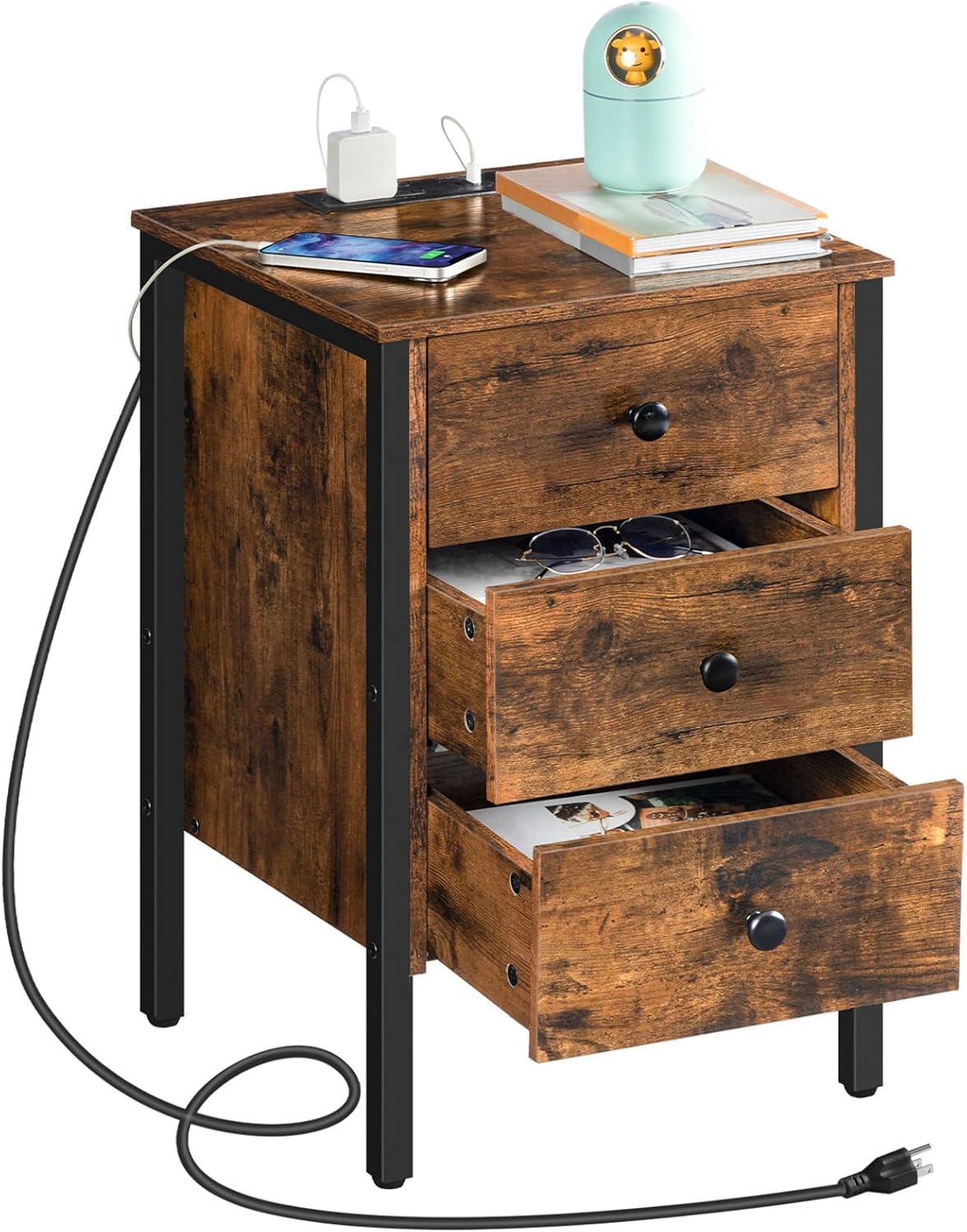 Nightstand with Charging Station, Side Table with 3 Drawers and Storage Shelf, End Table with USB Ports, Retro Industrial Style Bedside Table, for Living Room, Bedroom, Rustic Brown