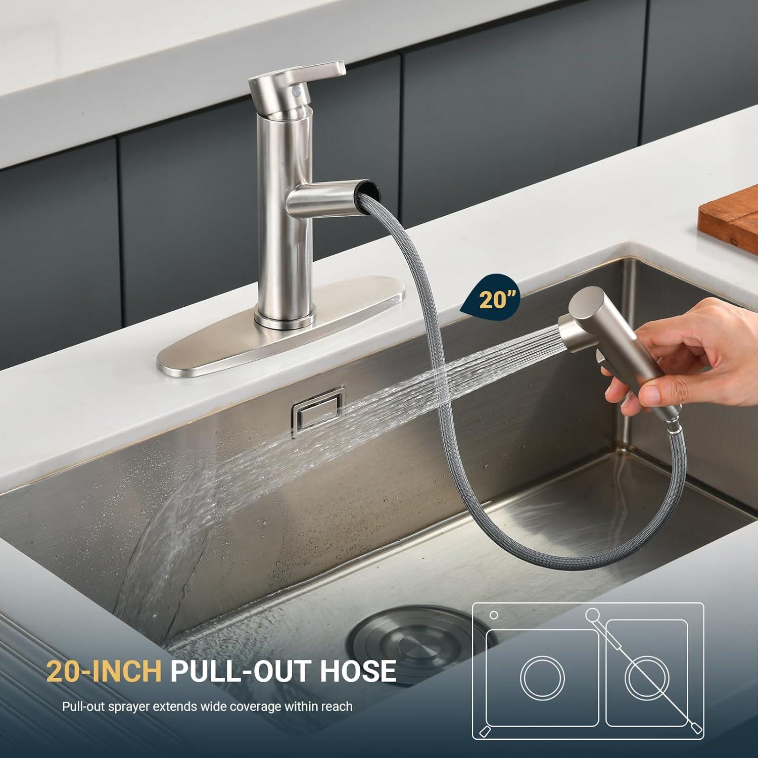 Brushed Nickel Kitchen Sink Faucet with Pull Down Sprayer Single Handle Single Hole Mixer Tap