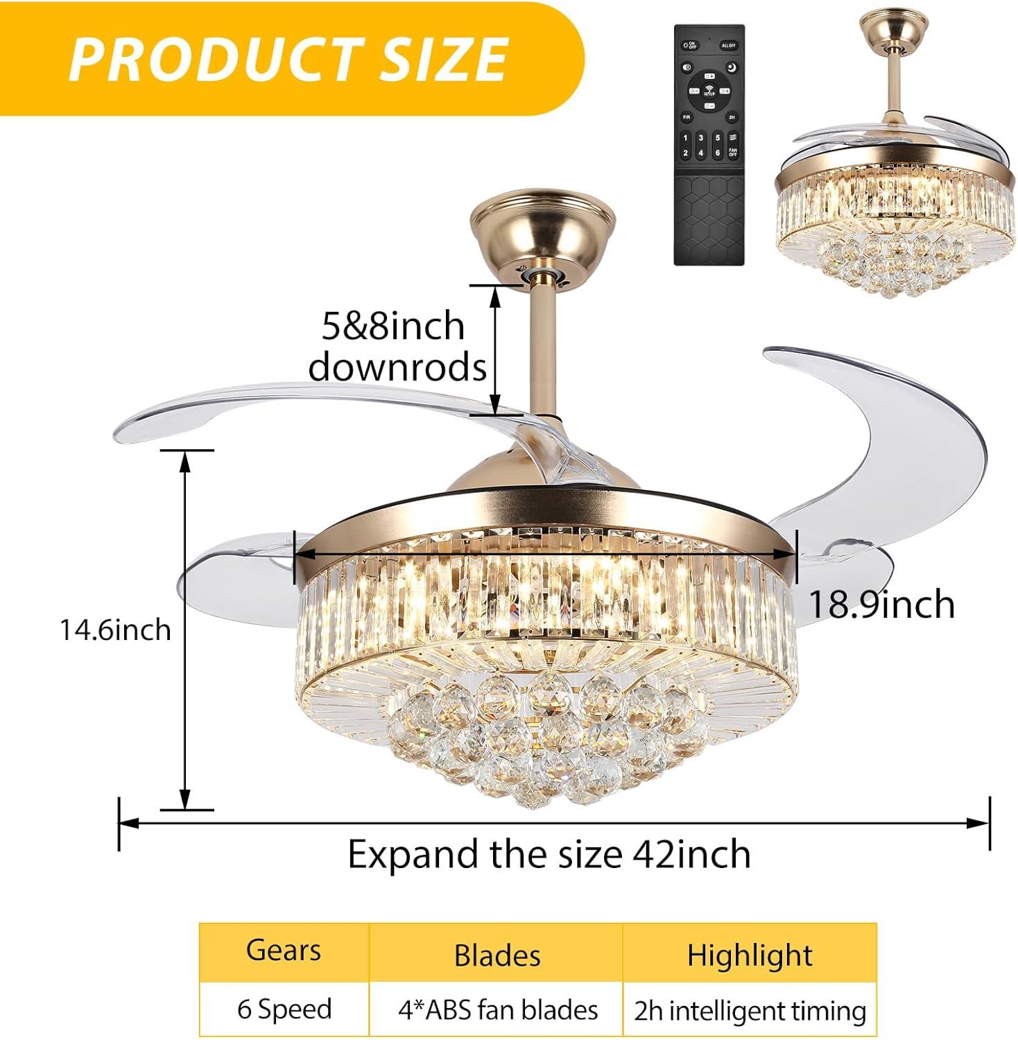 Panghuhu88 42" Invisible Ceiling Fan Chandelier Light,Modern Crystal Ceiling Fan Light Remote Control 4 Retractable ABS Blades for Bedroom Living Room Dining Room Decoration