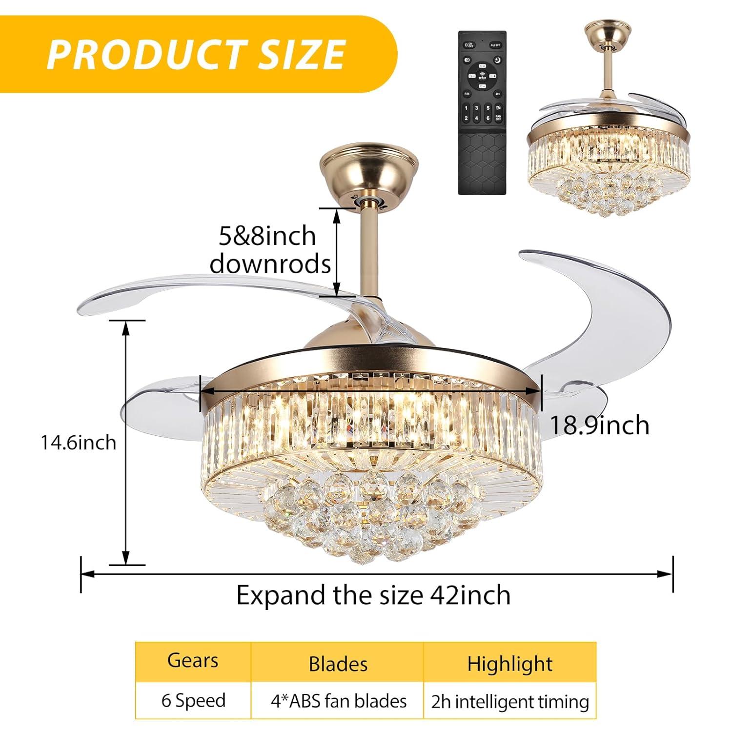 Panghuhu88 42" Invisible Ceiling Fan Chandelier Light,Modern Crystal Ceiling Fan Light Remote Control 4 Retractable ABS Blades for Bedroom Living Room Dining Room Decoration
