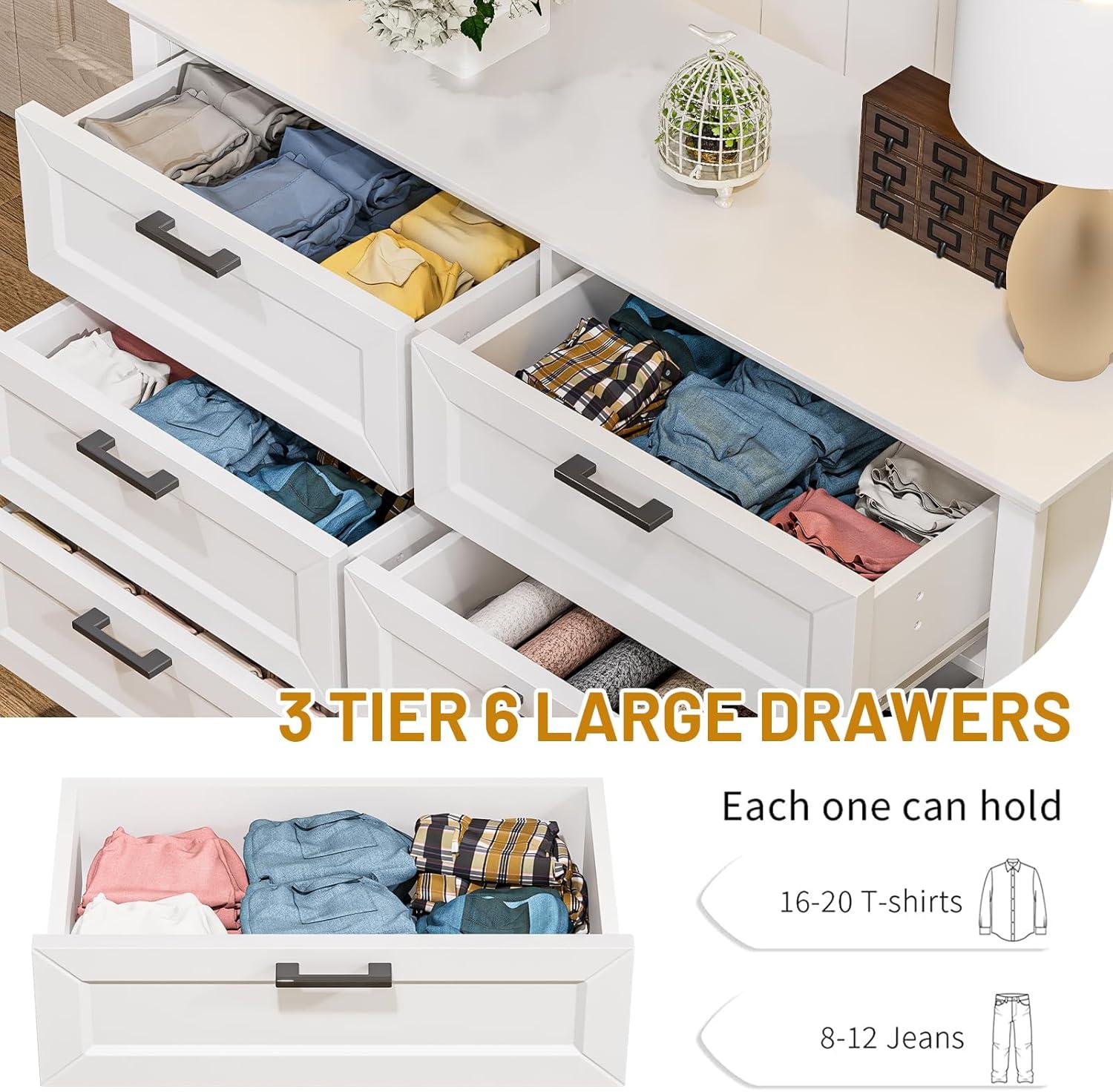 White 6 Drawer Dresser for Bedroom, Modern Chest of Drawers with Deep Drawers, Wood Double Dresser for Storage Clothes