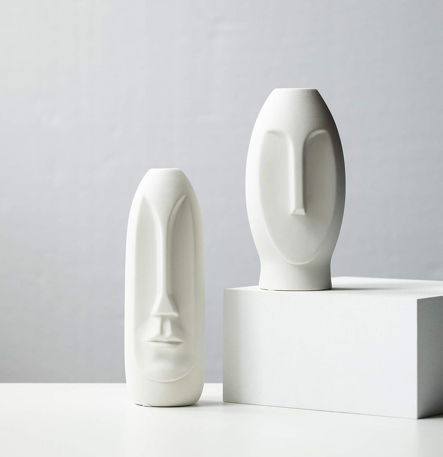 Ivy Bronx Face Vase Set of 2 - White Modern Vase. Ceramic Statue Human Face Vase Decor and Sculpture Decor