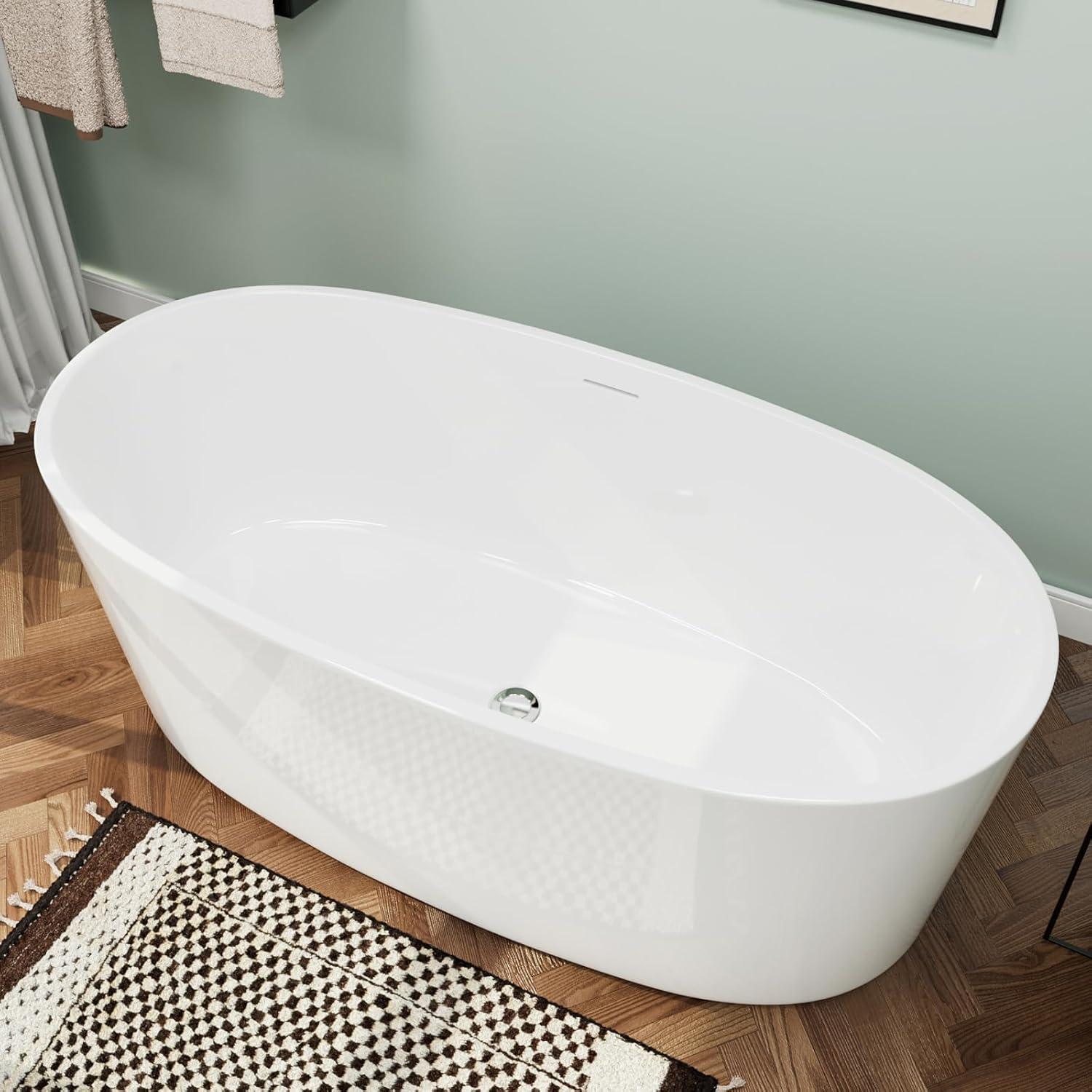 47" Glossy White Acrylic Freestanding Soaking Tub with Chrome Drain