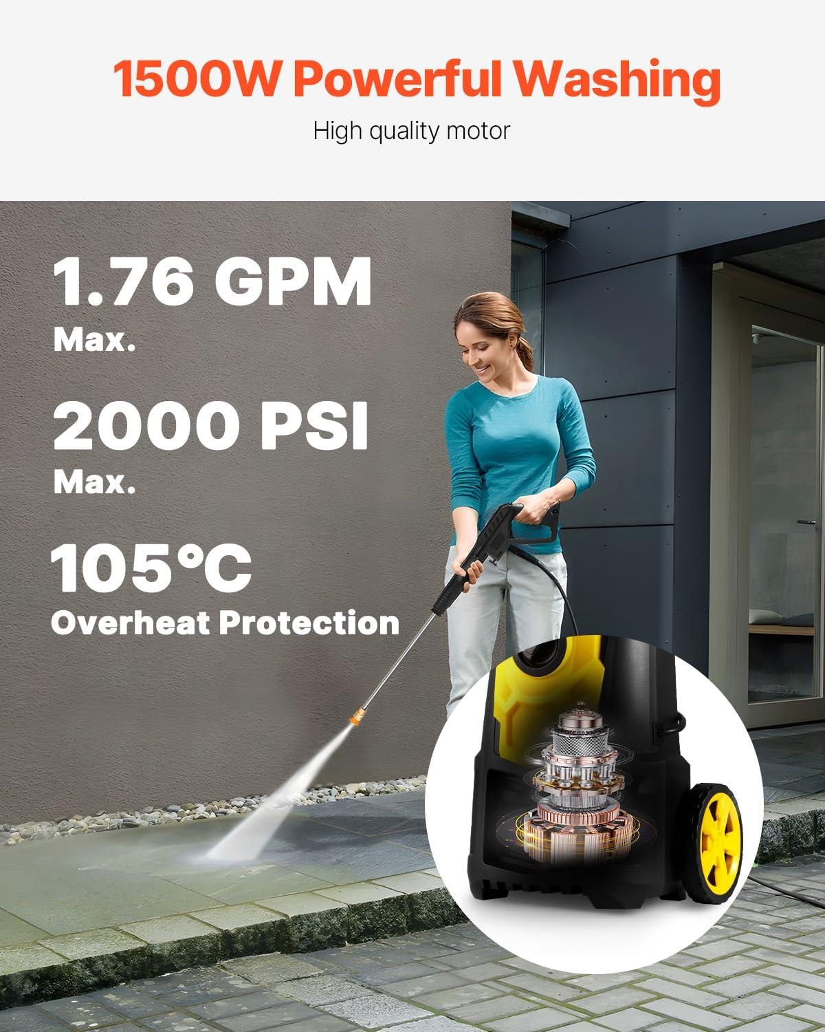 VEVOR Electric Pressure Washer, 2000 PSI 1.76 GPM 30 ft Hose & Reel, 5 Quick Connect Nozzles, Foam Cannon, Portable to Clean Patios, Cars, Fences, Driveways, ETL Listed