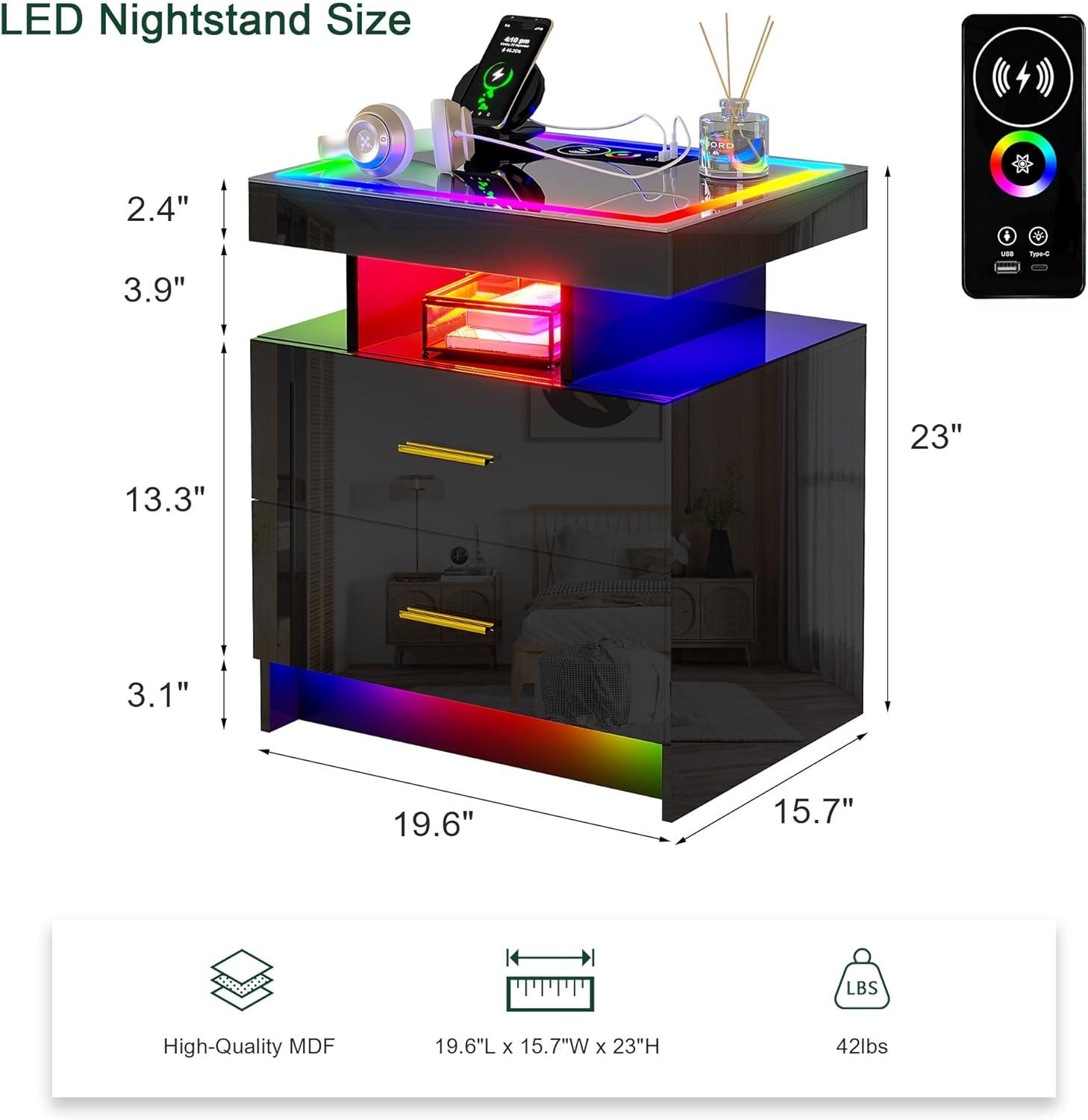 HNEBC LED Nightstand with Motion Sensor Lights, Modern Bedside Table with Wireless Charging Station, Smart Night Stand with 2 Drawers