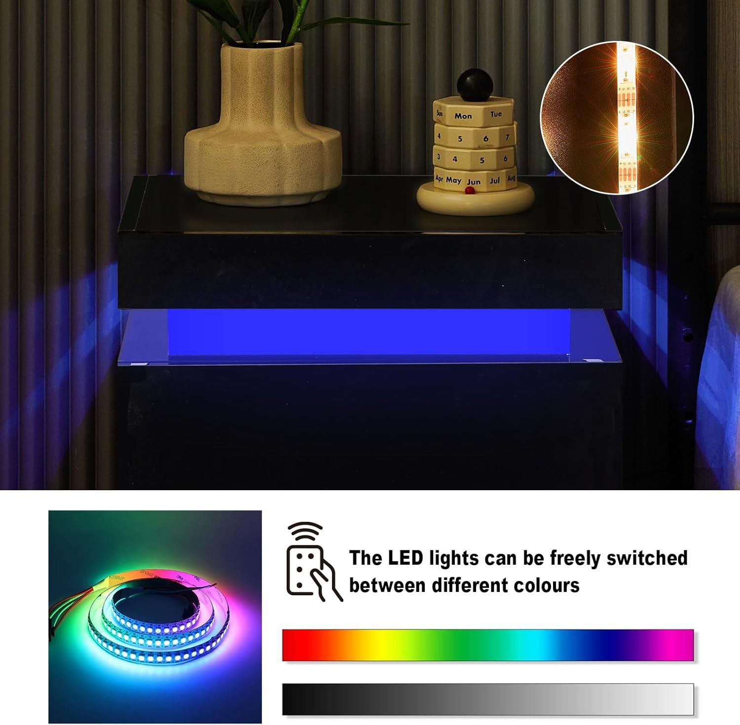 White High Gloss 3-Drawer Nightstand with LED Lights