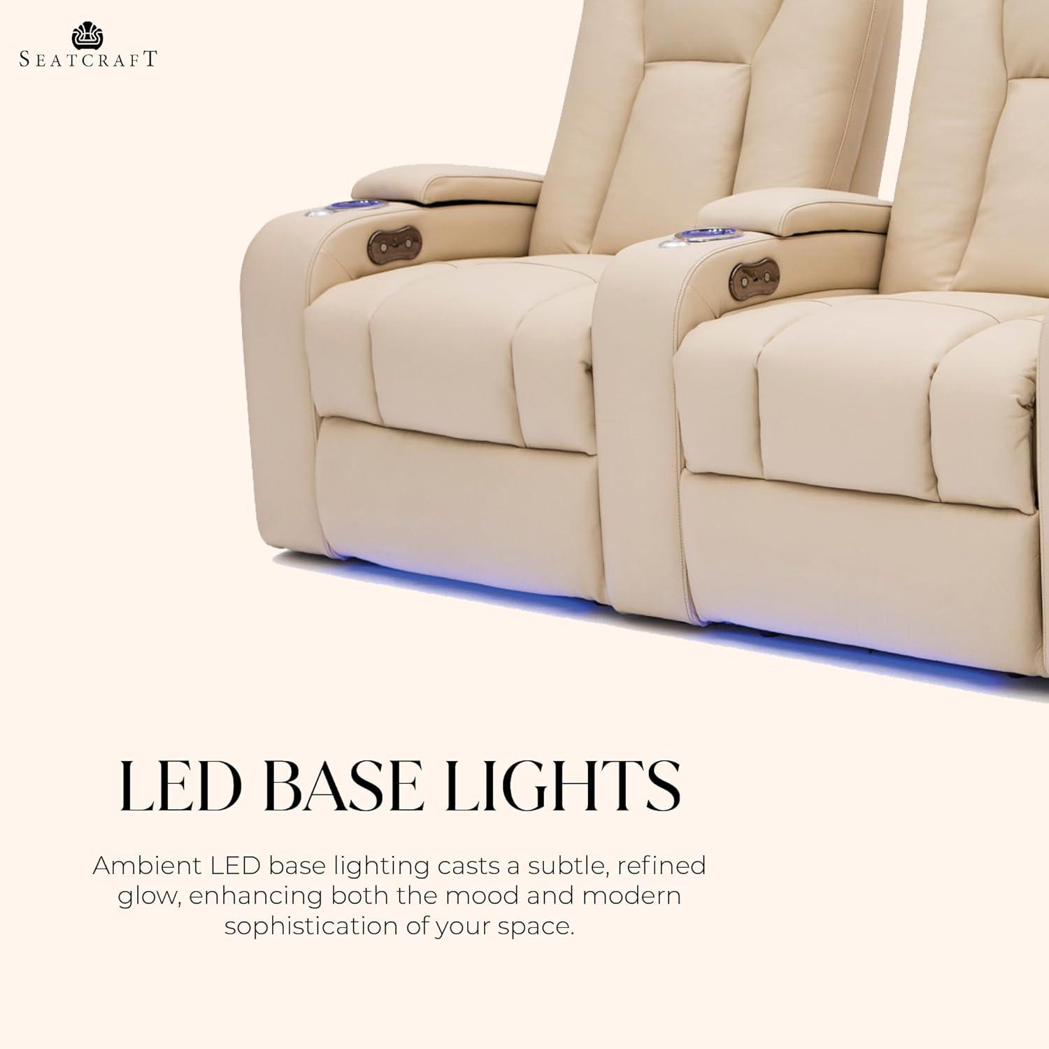 Seatcraft Serenity Italian Leather Home Theater Seating - Living Room - Power Recline - Tray Tables - in-Arm Storage - Ambient Base Lighting and Lighted Cupholders (Row of 4 Middle Loveseat, Cream)