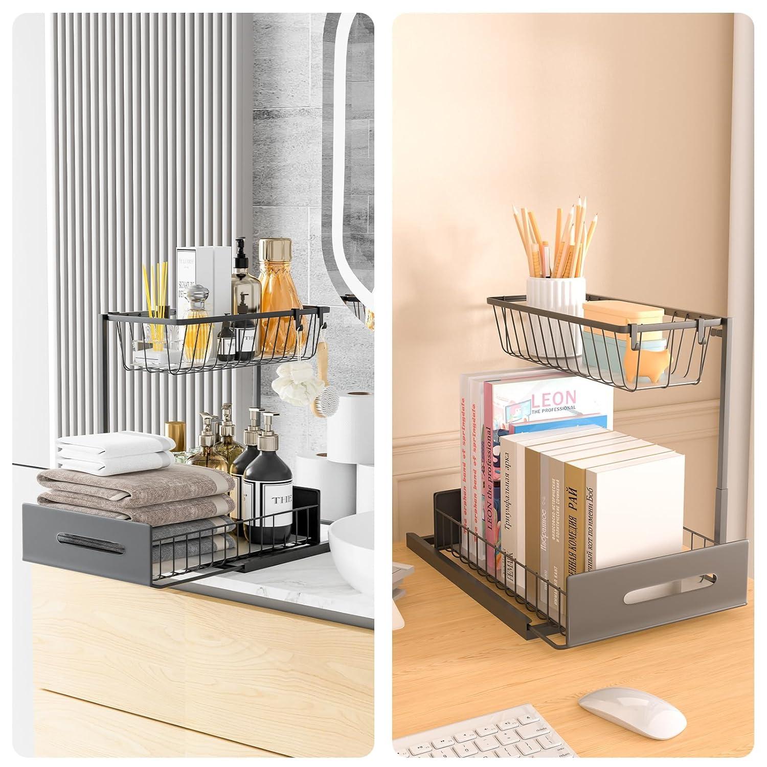 Rebrilliant Under Sink Organizer, 2 Tier Under Sink Organizers And Storage, Metal Slide Out Pull Out Cabinet Organizer ,2 Pack Sliding Drawer Organizer For Kitchen Bathroom Pantry