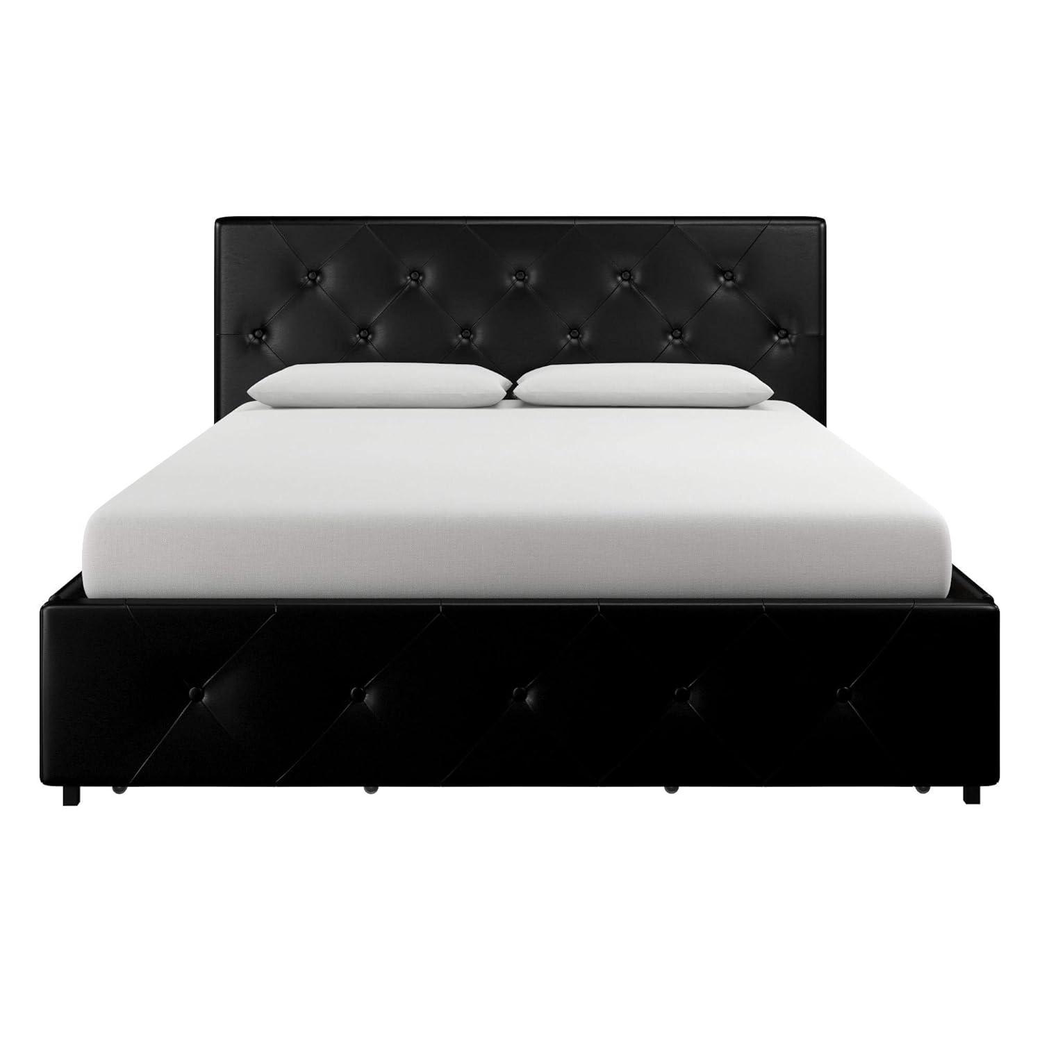 DHP Dakota Upholstered Bed with Storage Drawers, Black Faux Leather, Queen